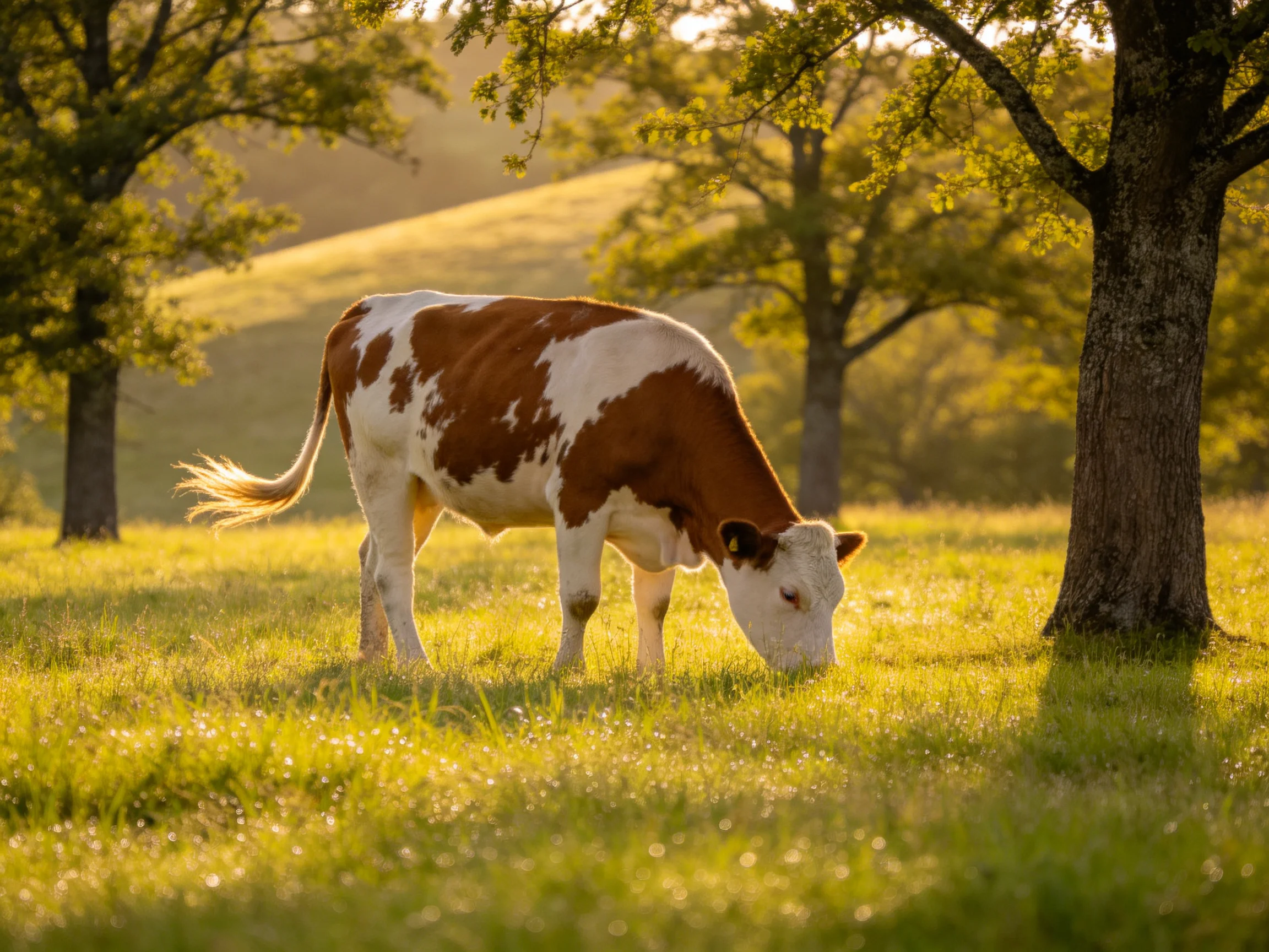 A brown-and-white cow grazes in a sunlit, tree-filled meadow