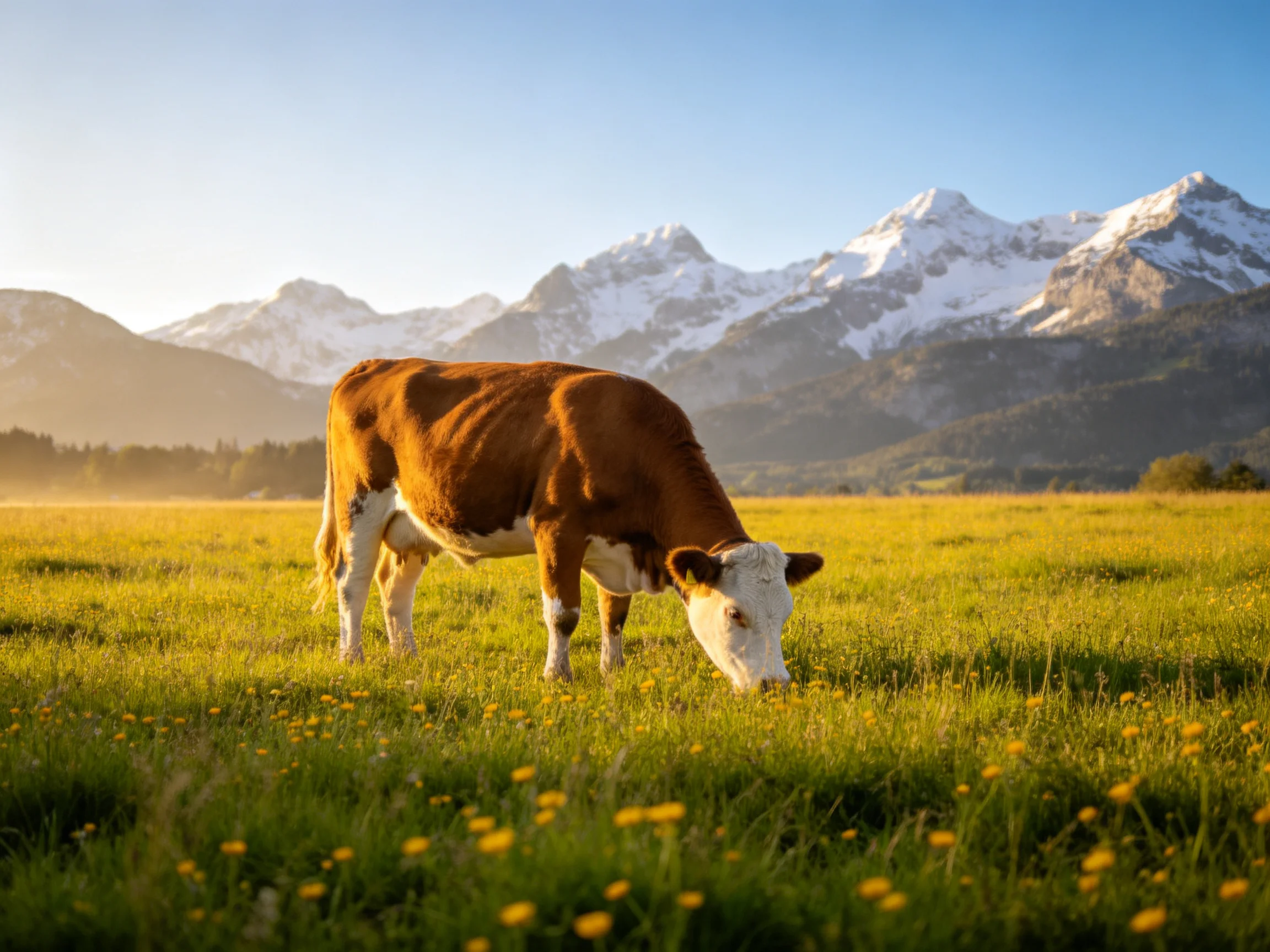 A brown-and-white cow grazes in a yellow-flowered meadow with snow-capped mountains