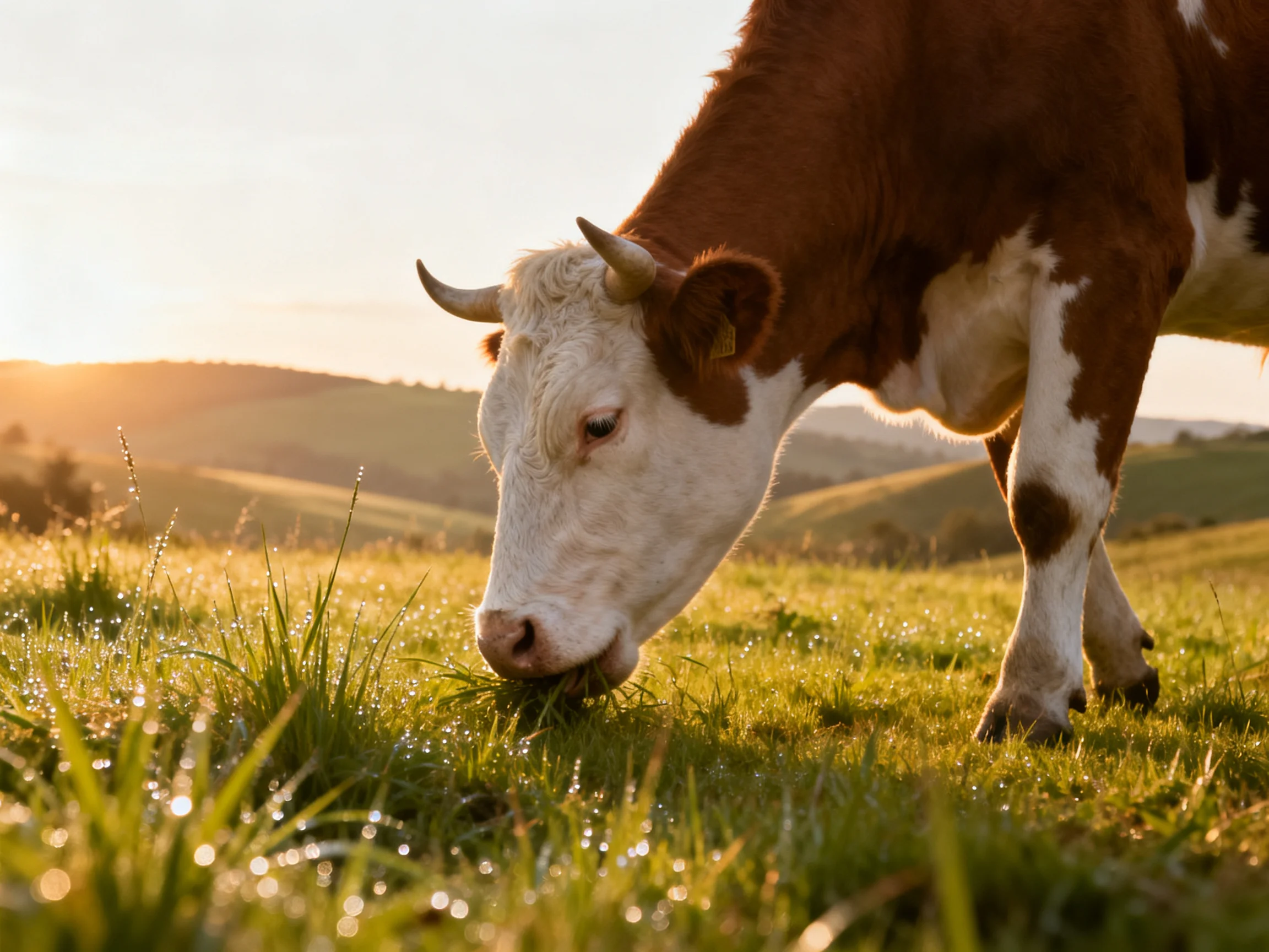 A brown and white cow grazes in dewy green meadow at dawn