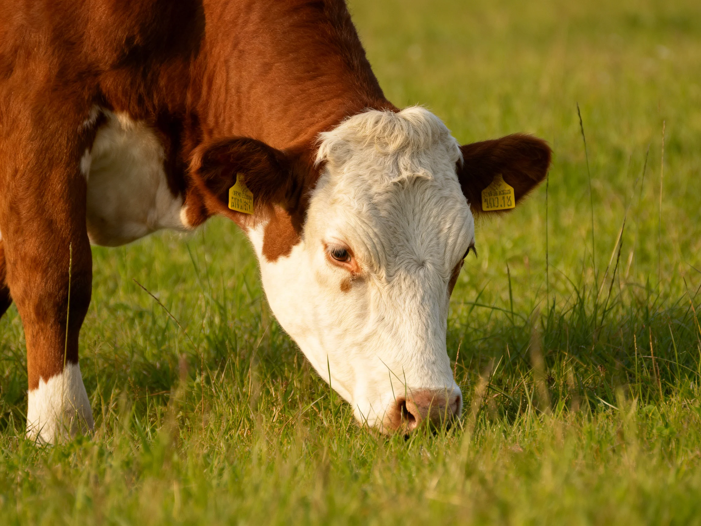 A brown and white cow grazes in lush green pasture