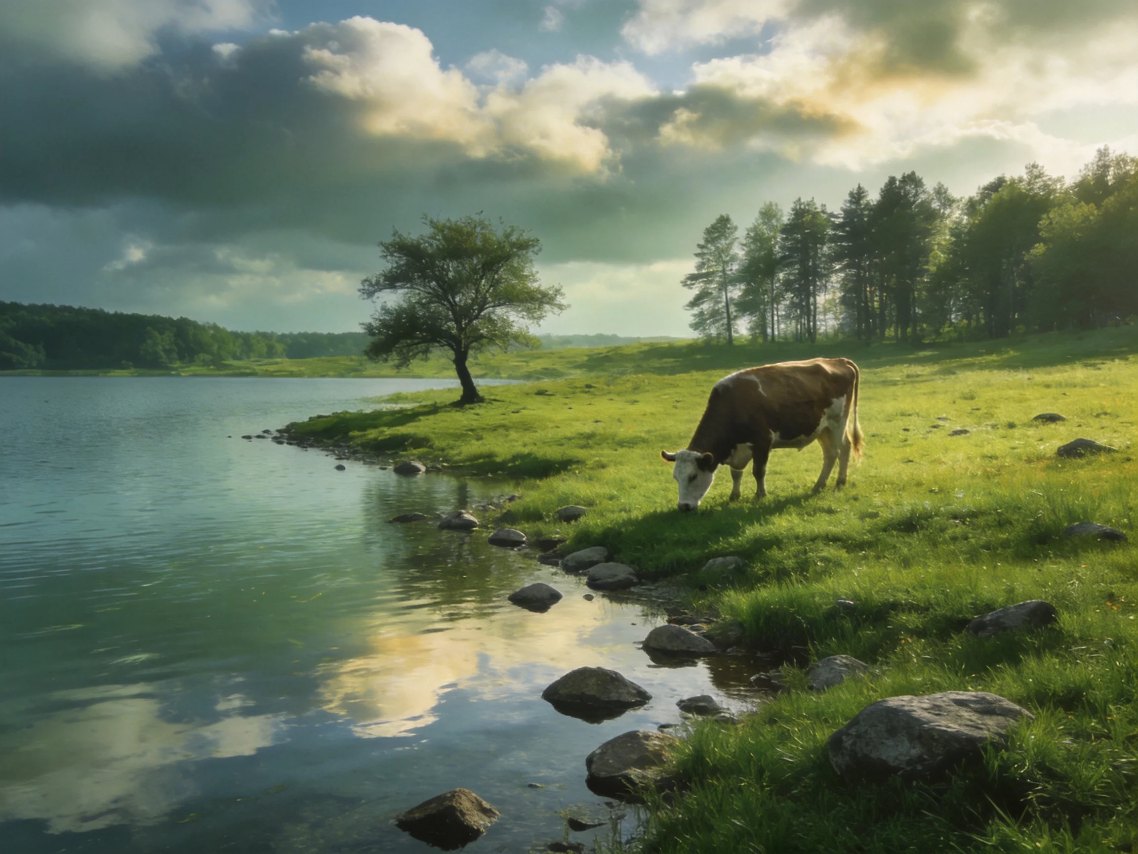 A brown and white cow grazes near a calm blue lake with a lush green meadow
