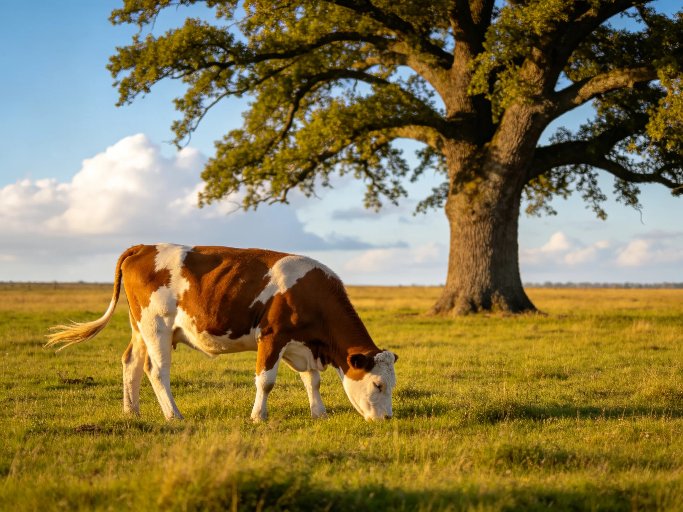 A brown and white cow grazes near a large oak tree in an open field