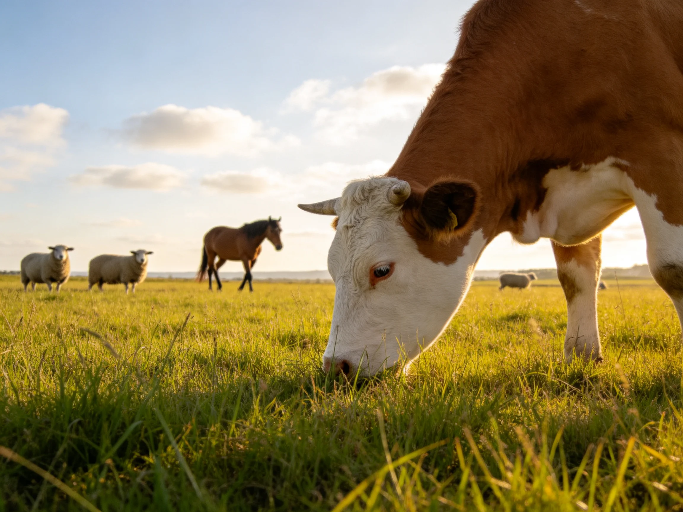 A brown-and-white cow grazes near sheep and a horse in a golden meadow
