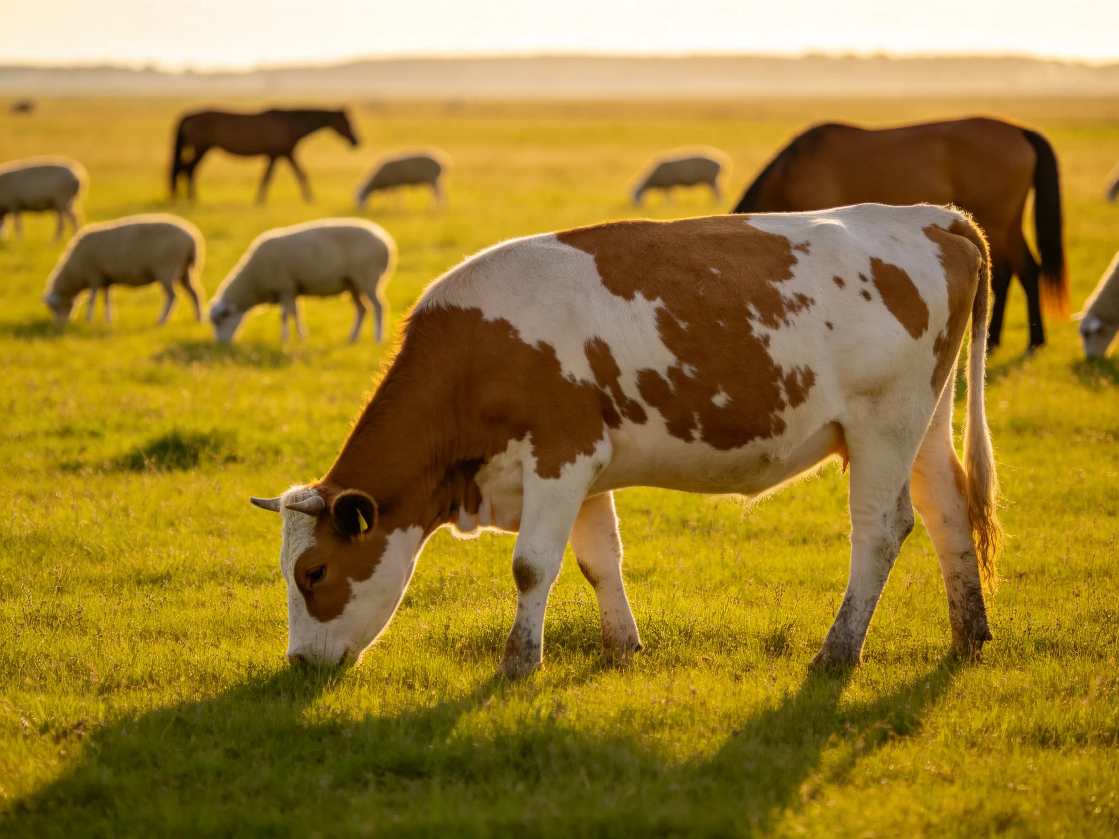 A brown-and-white cow grazes near sheep and horses in a golden meadow