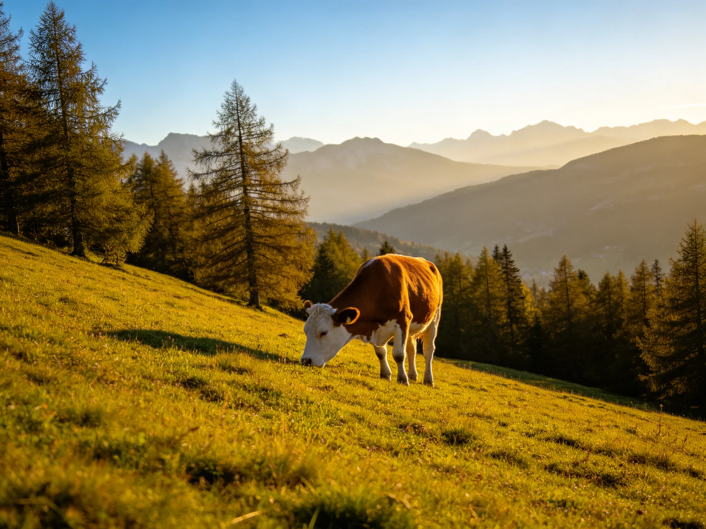 A brown and white cow grazes on a sunlit green hillside with pine trees and distant mountains