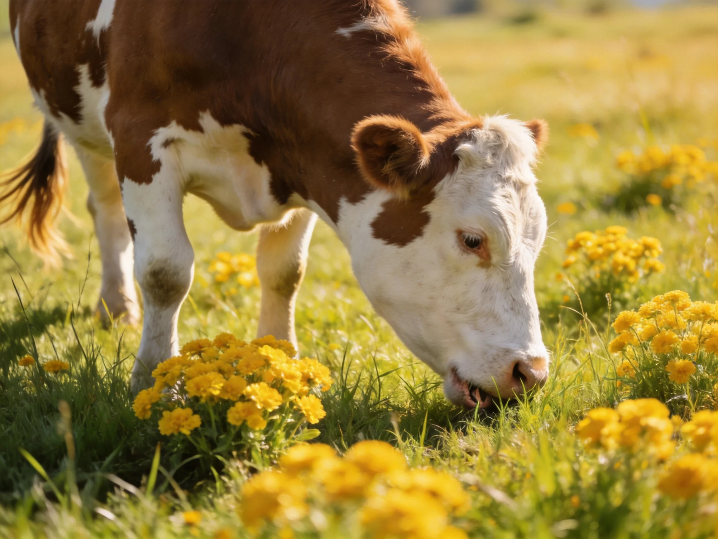 A brown and white cow grazing amid bright yellow wildflowers in a sunlit meadow