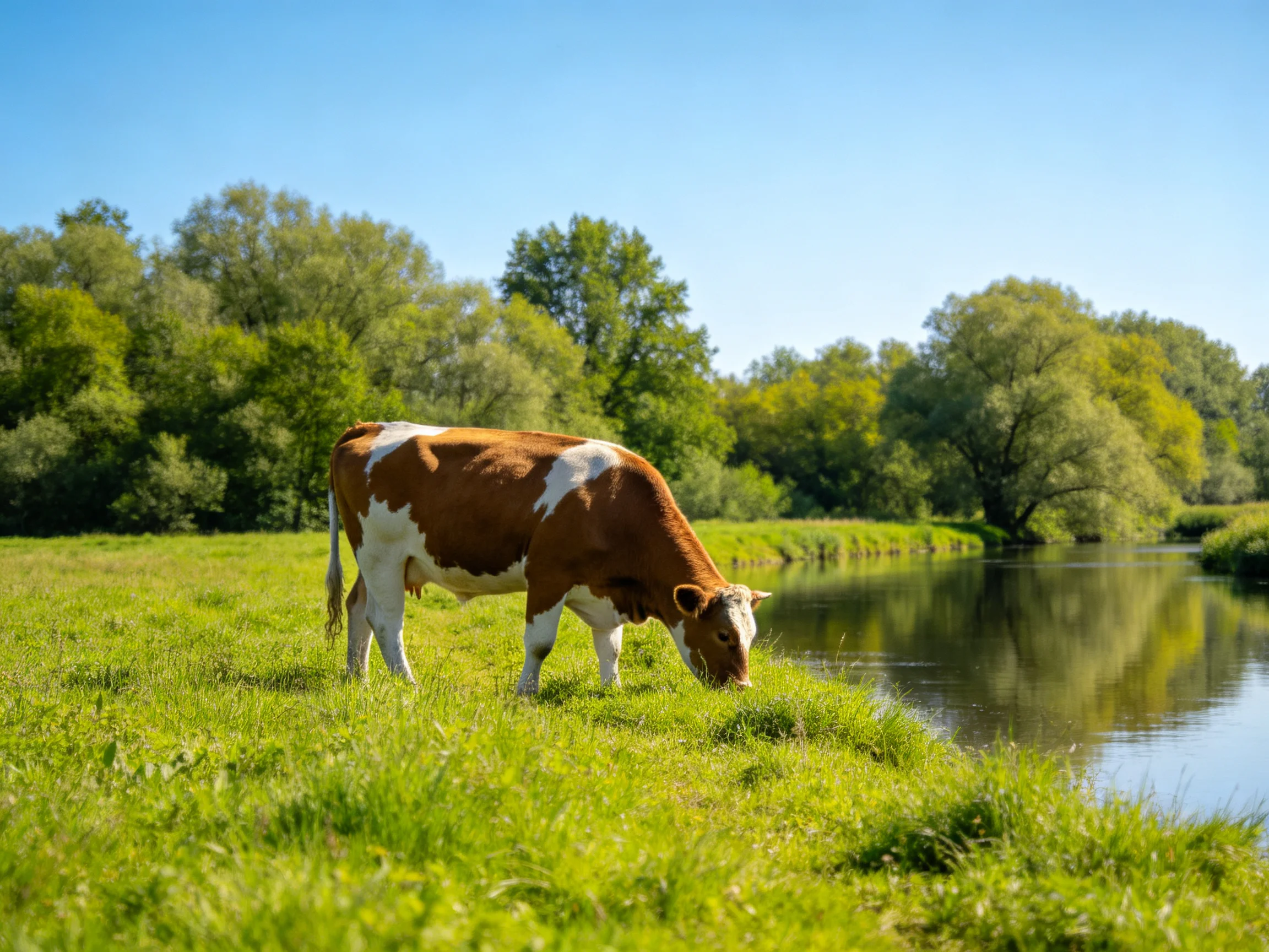 A brown and white cow grazes near a calm river in a sunny meadow.