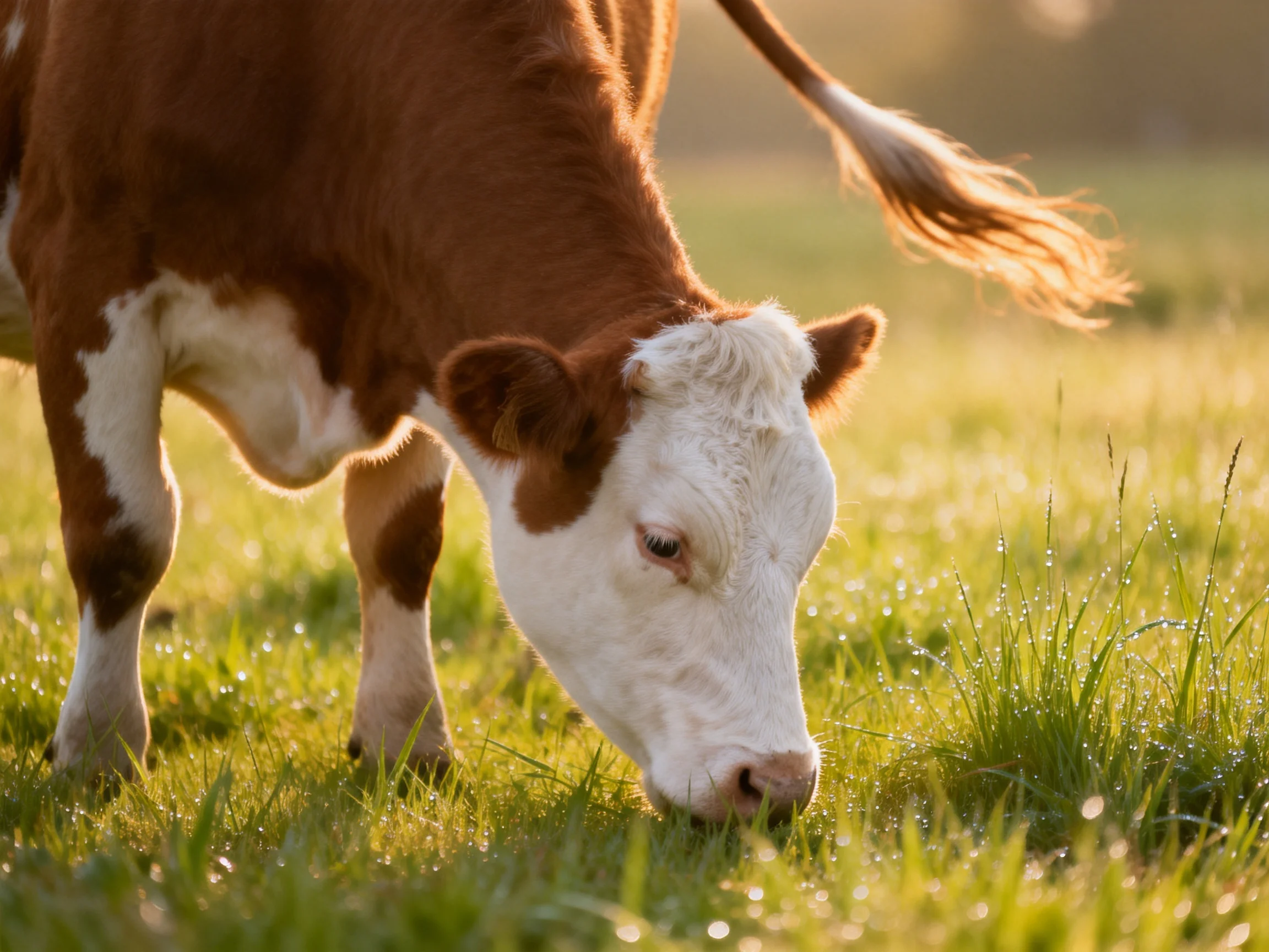 A brown and white cow grazes in a dewy green pasture.