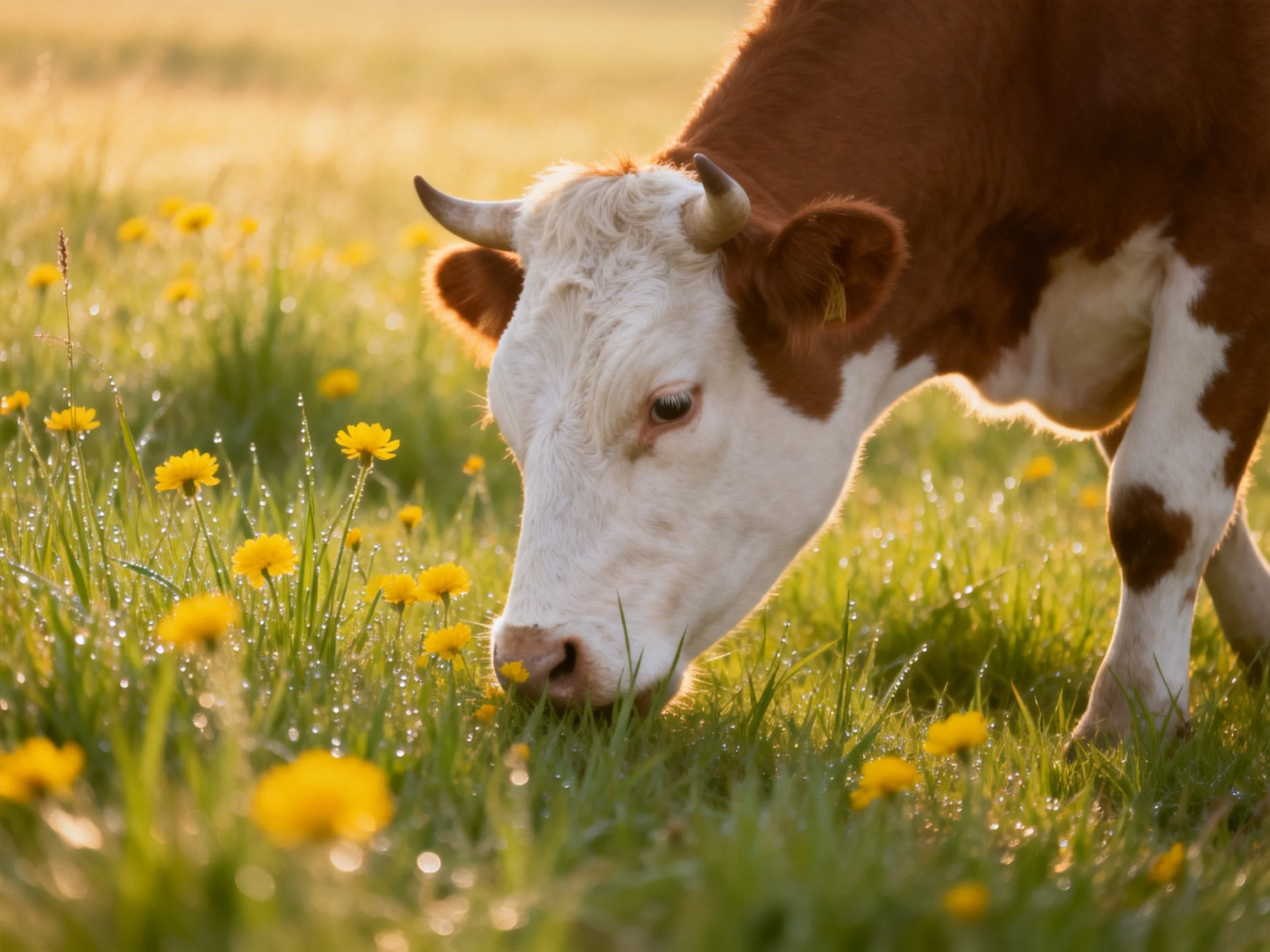 A brown and white cow grazing in a dewy meadow with yellow flowers