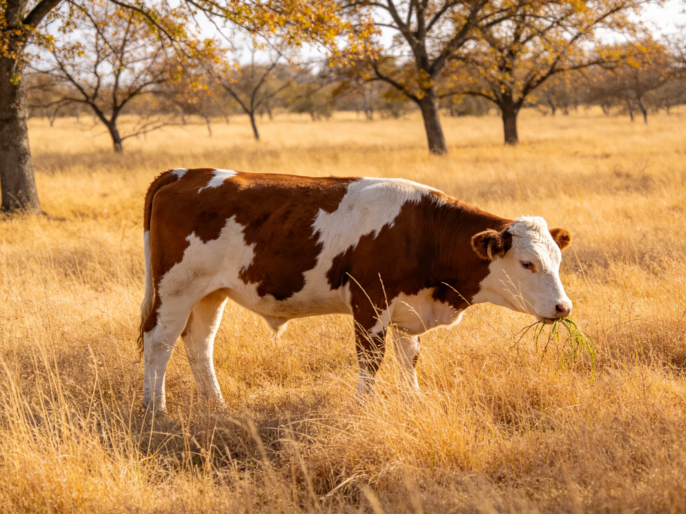 A brown and white cow grazing in a golden grassy field