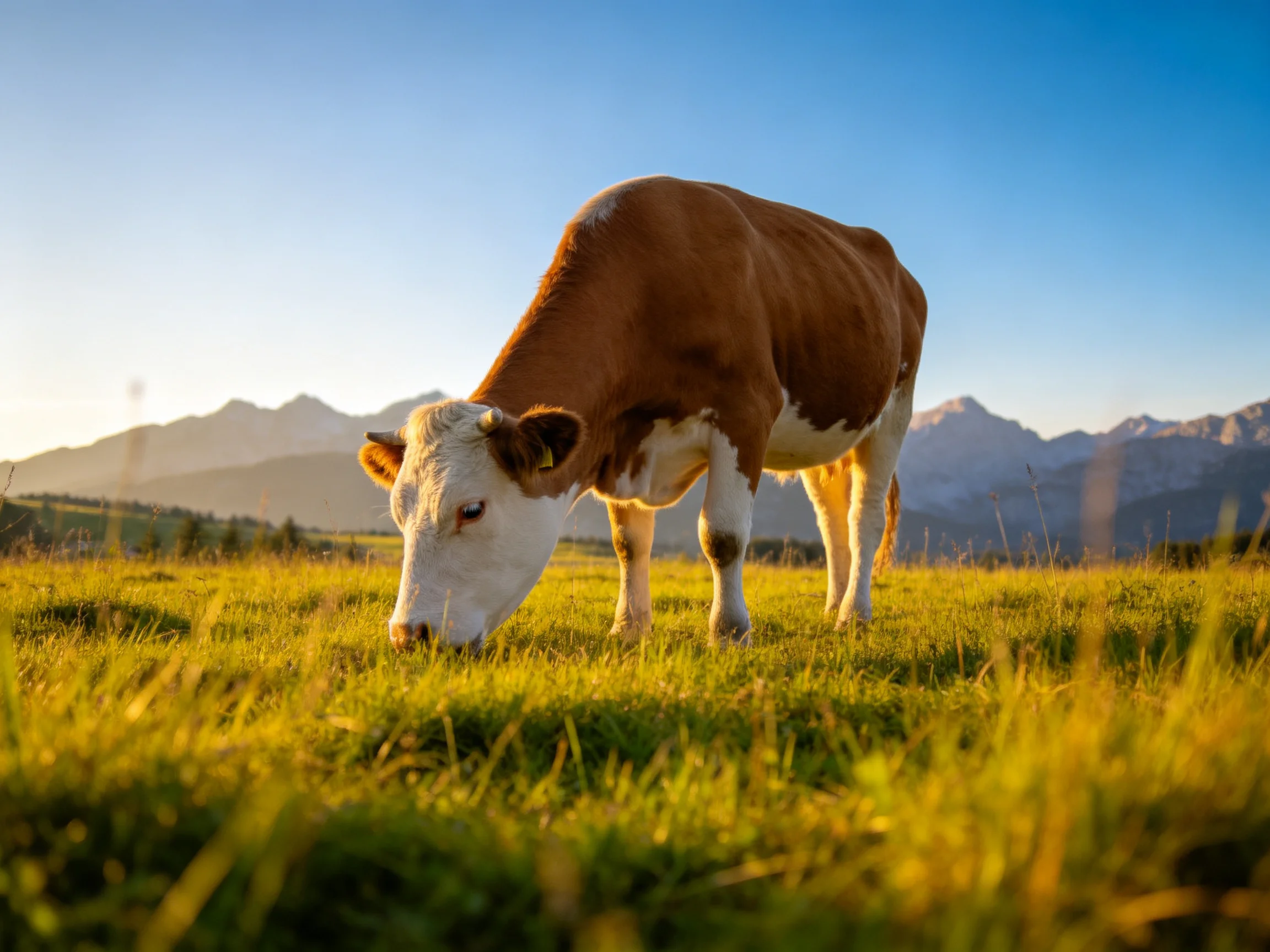 A brown and white cow grazing in a golden meadow near mountain peaks