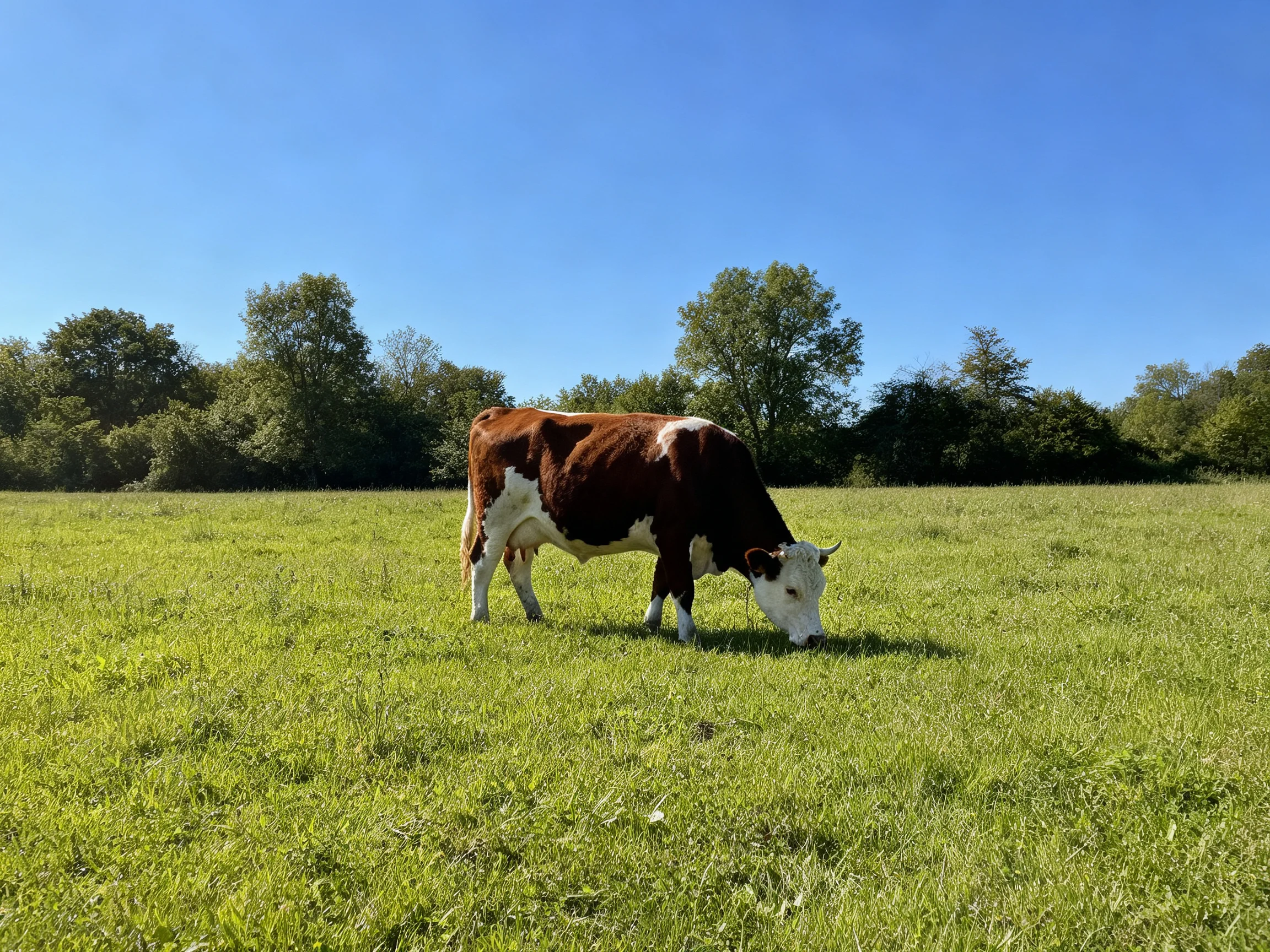 A brown and white cow grazing in a lush green meadow