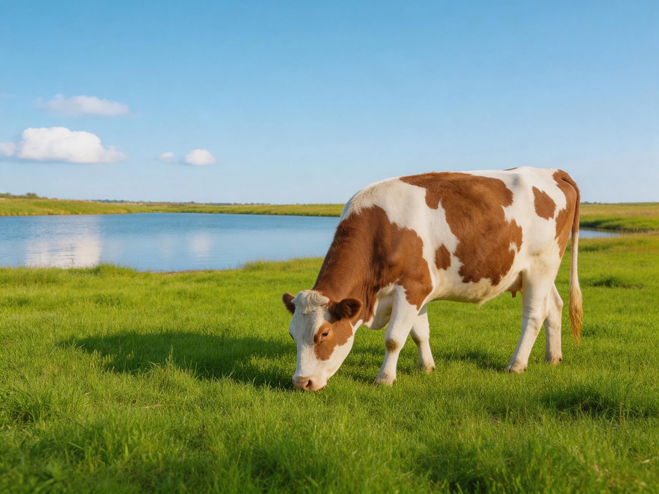 A brown and white cow grazing in a lush green meadow near calm waters