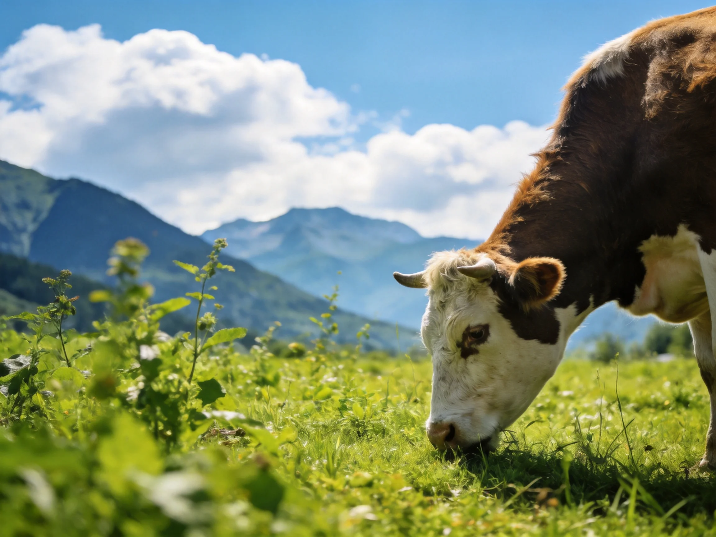 A brown and white cow grazes in a lush green meadow with misty mountains in the background.