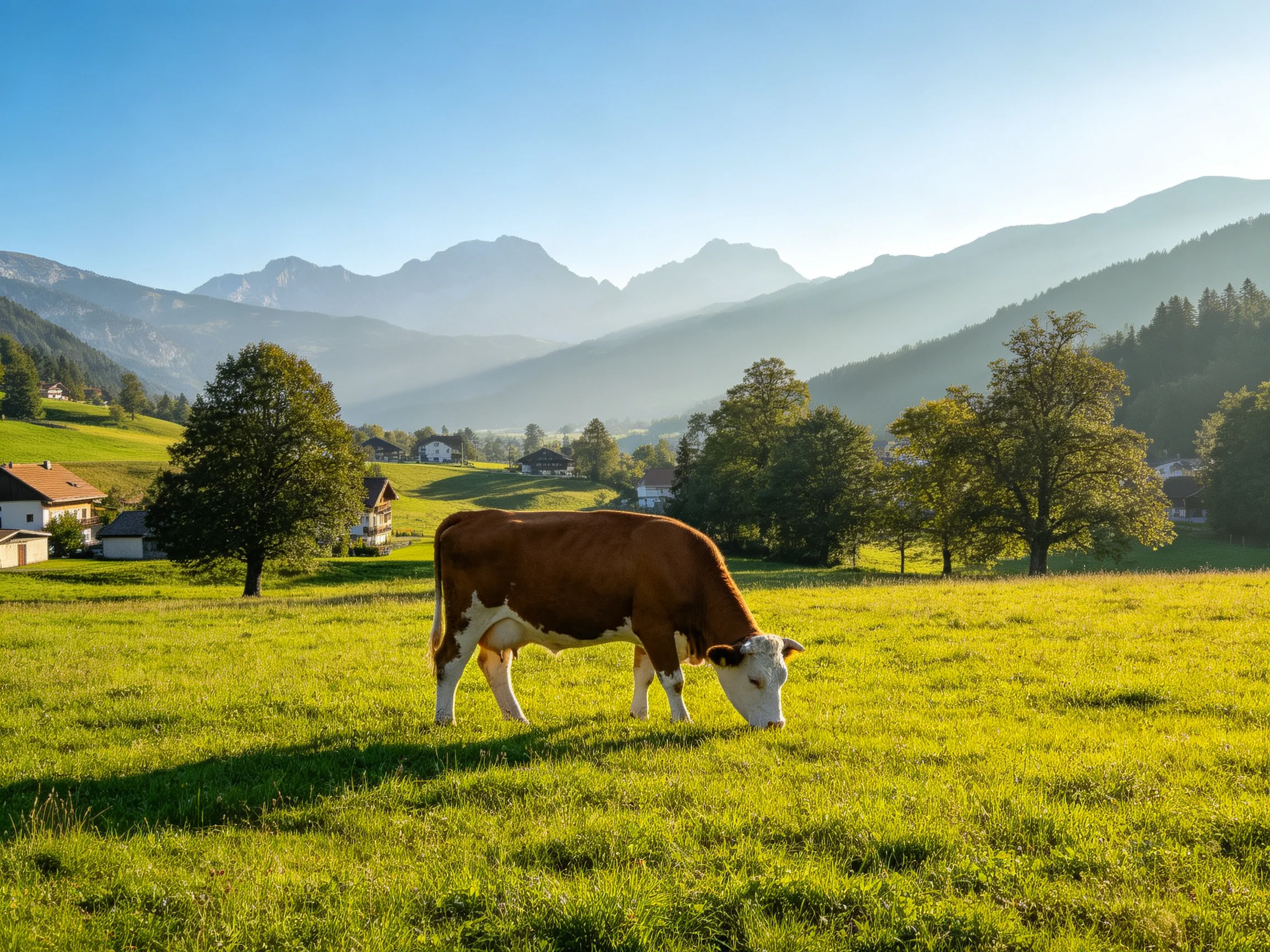 A brown and white cow grazing in a lush green meadow near mountainous villages