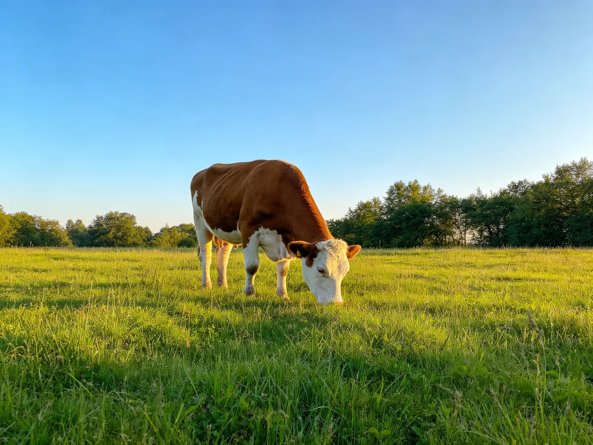 A brown and white cow grazes in a sunlit green meadow.