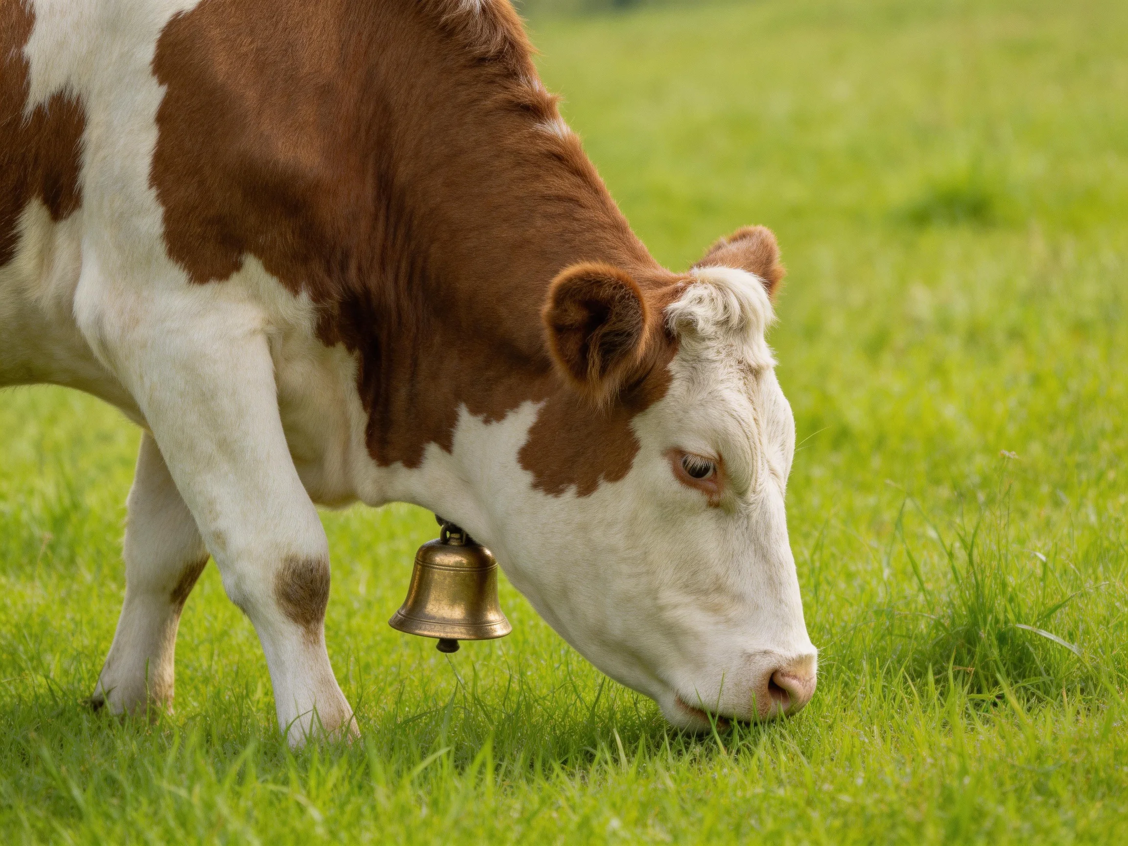 A brown and white cow grazing in a lush green meadow with a brass bell