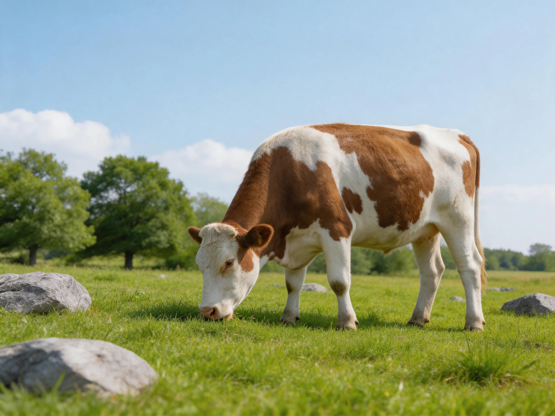 A brown and white cow grazing in a lush green meadow with scattered rocks