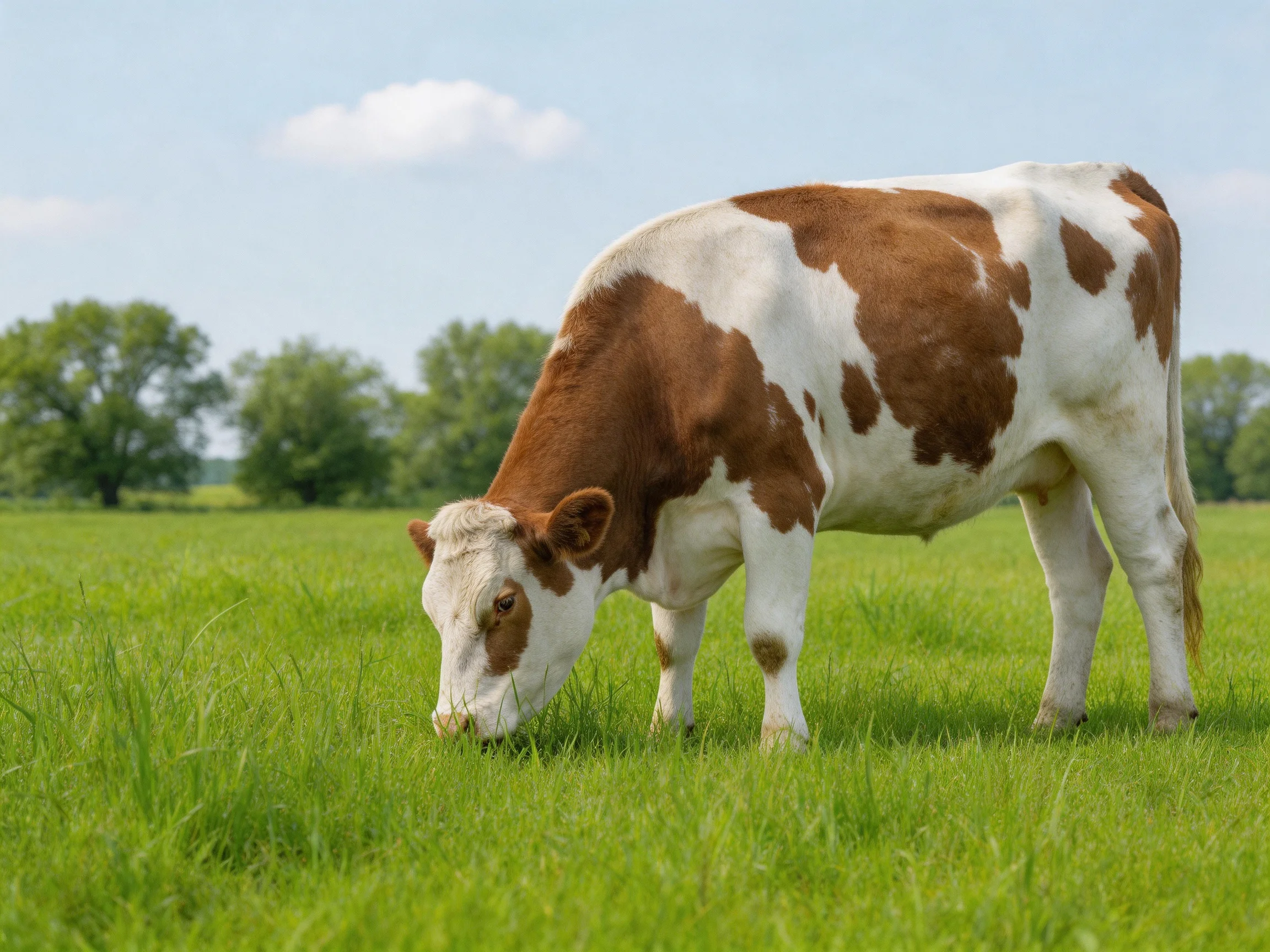 A brown and white cow grazing in a lush green pasture