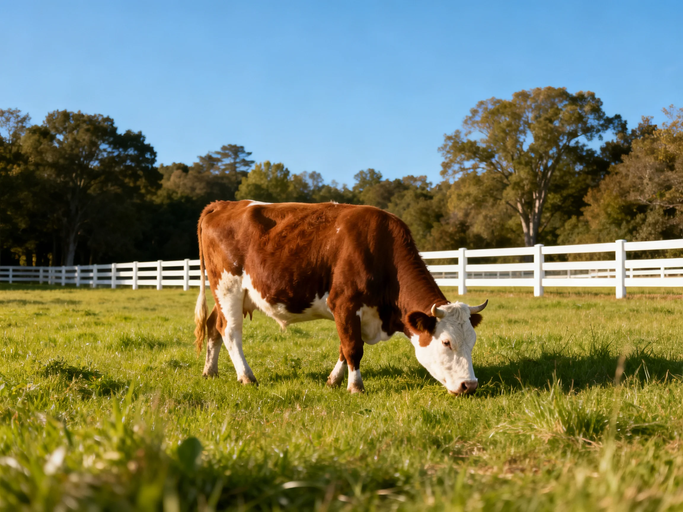 A brown and white cow grazing in a lush green pasture near a white fence