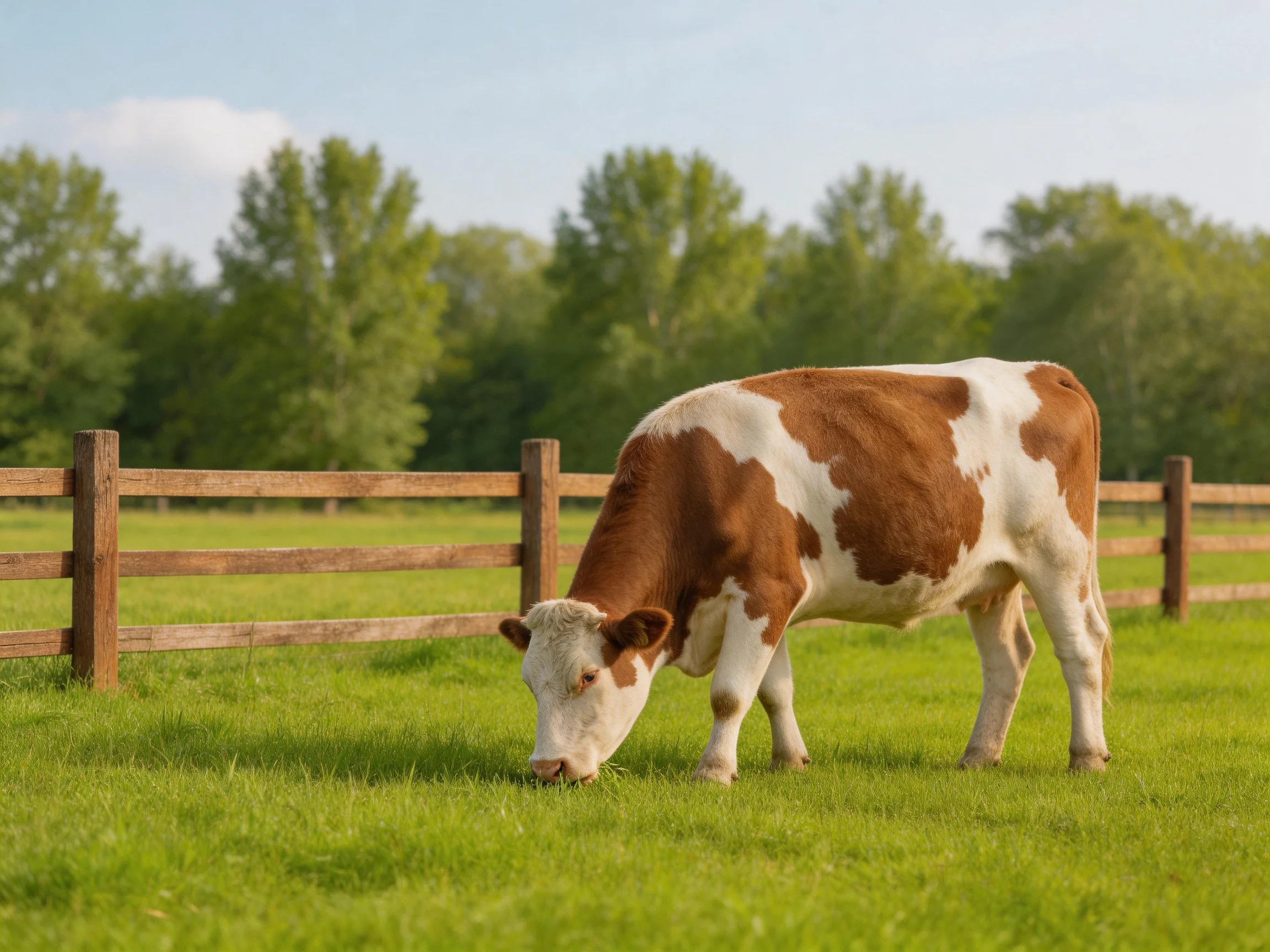 A brown and white cow grazing in a lush green pasture near wooden fencing