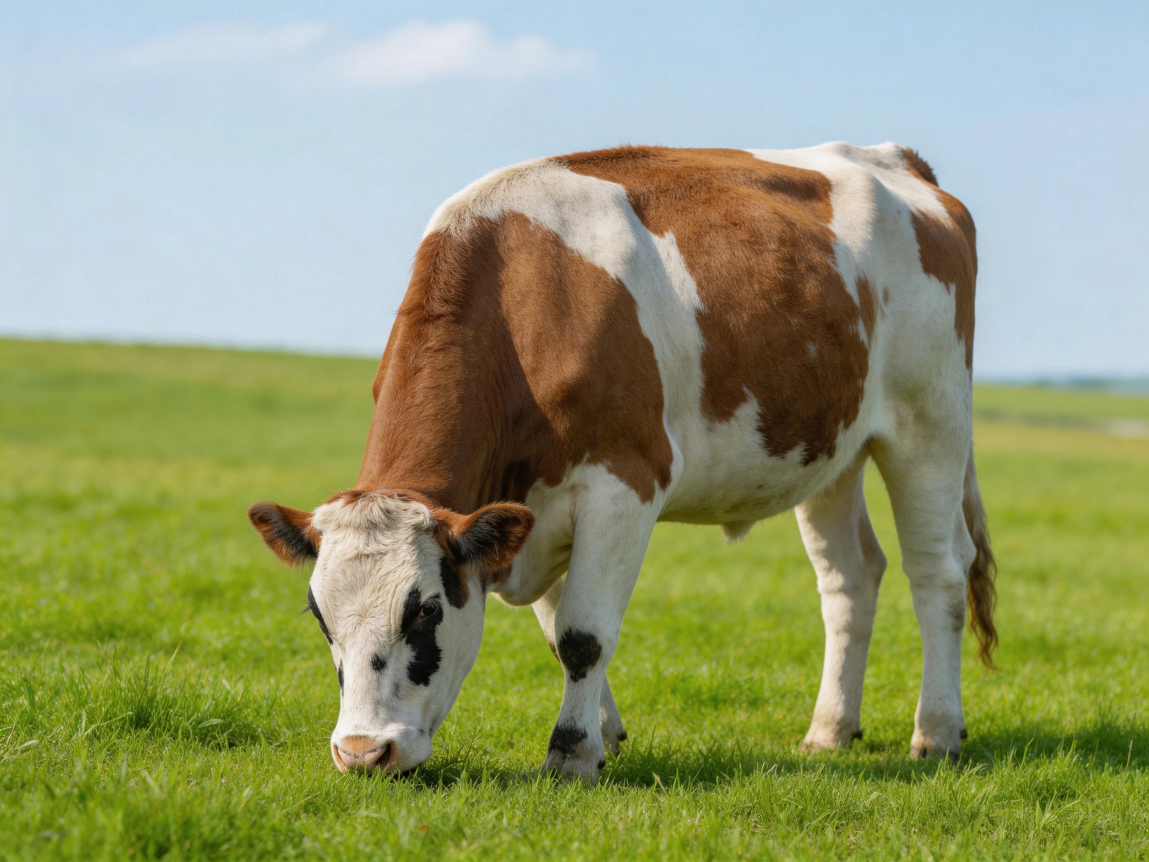 A brown and white cow grazes in a bright green pasture under clear skies