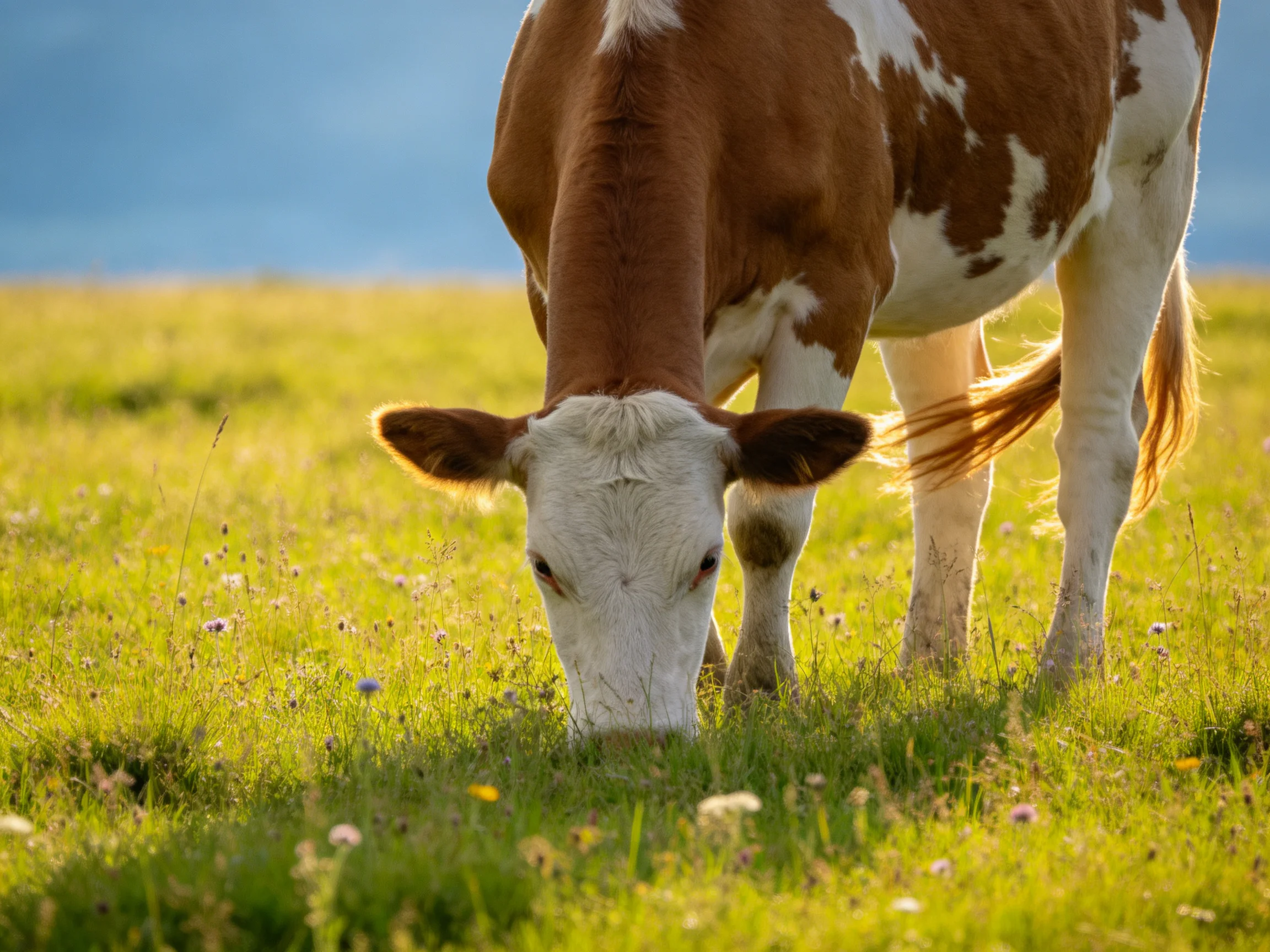 A brown and white cow grazes in a sunlit meadow.