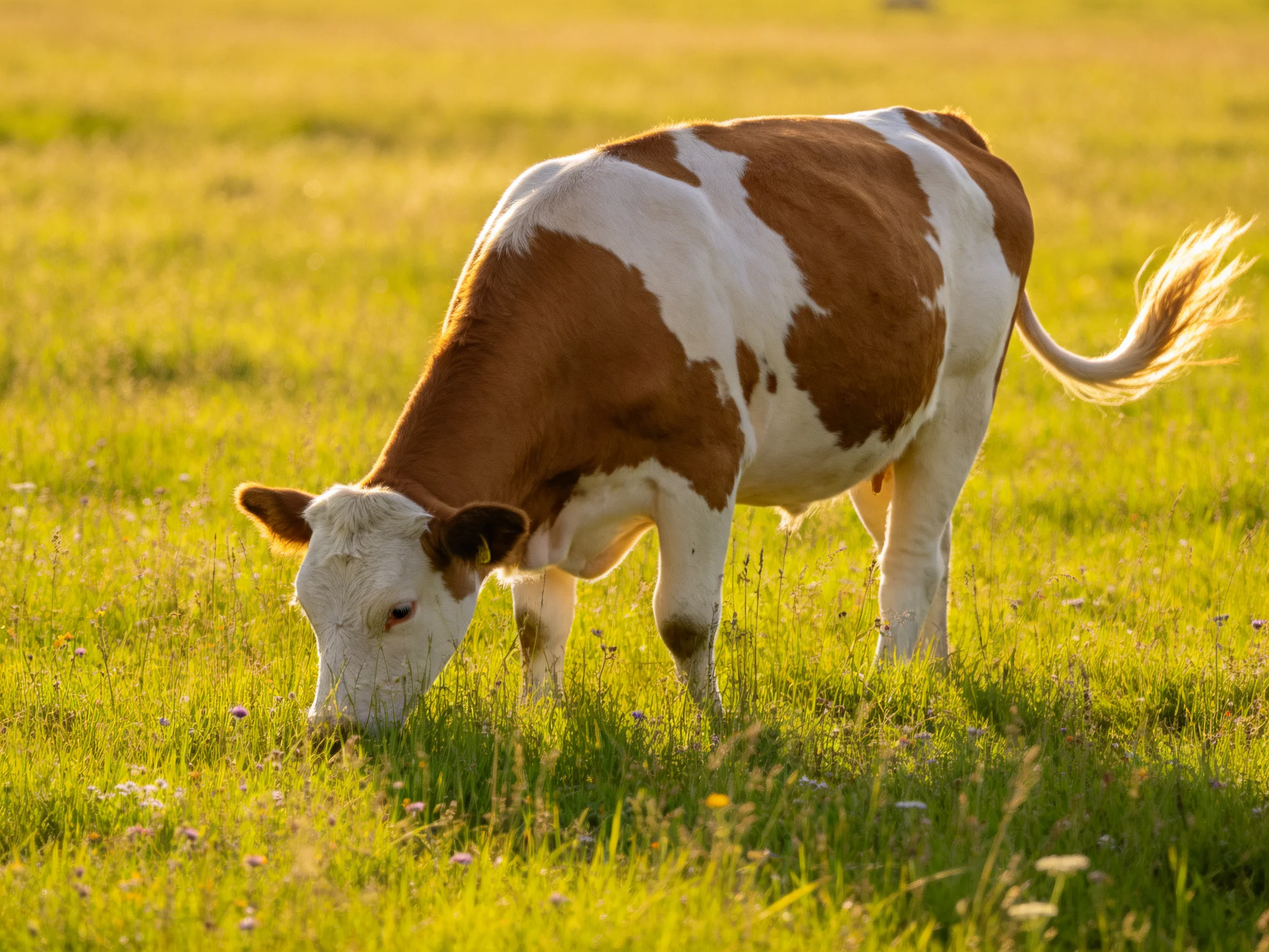 A brown and white cow grazes peacefully in a sunlit green meadow.
