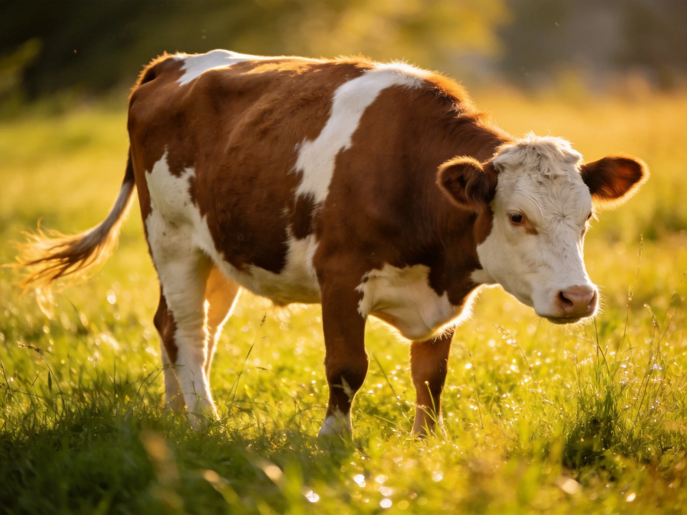 A brown-and-white cow grazing in a sunlit green meadow