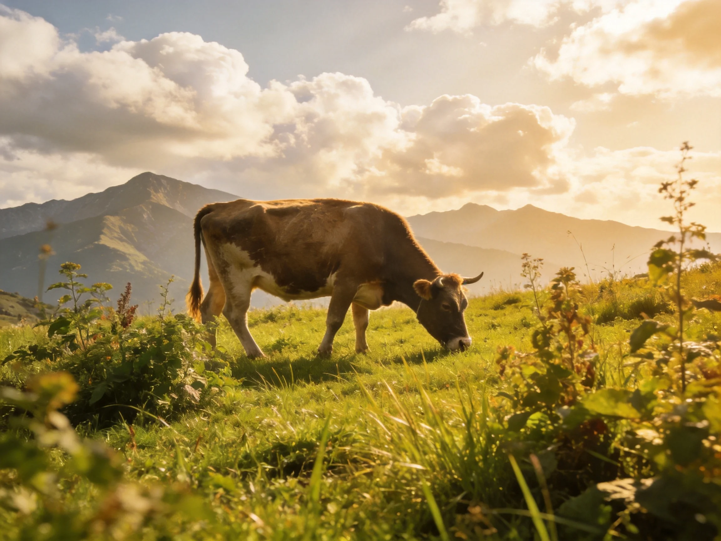 A cow grazes in a sunlit meadow with distant mountains.