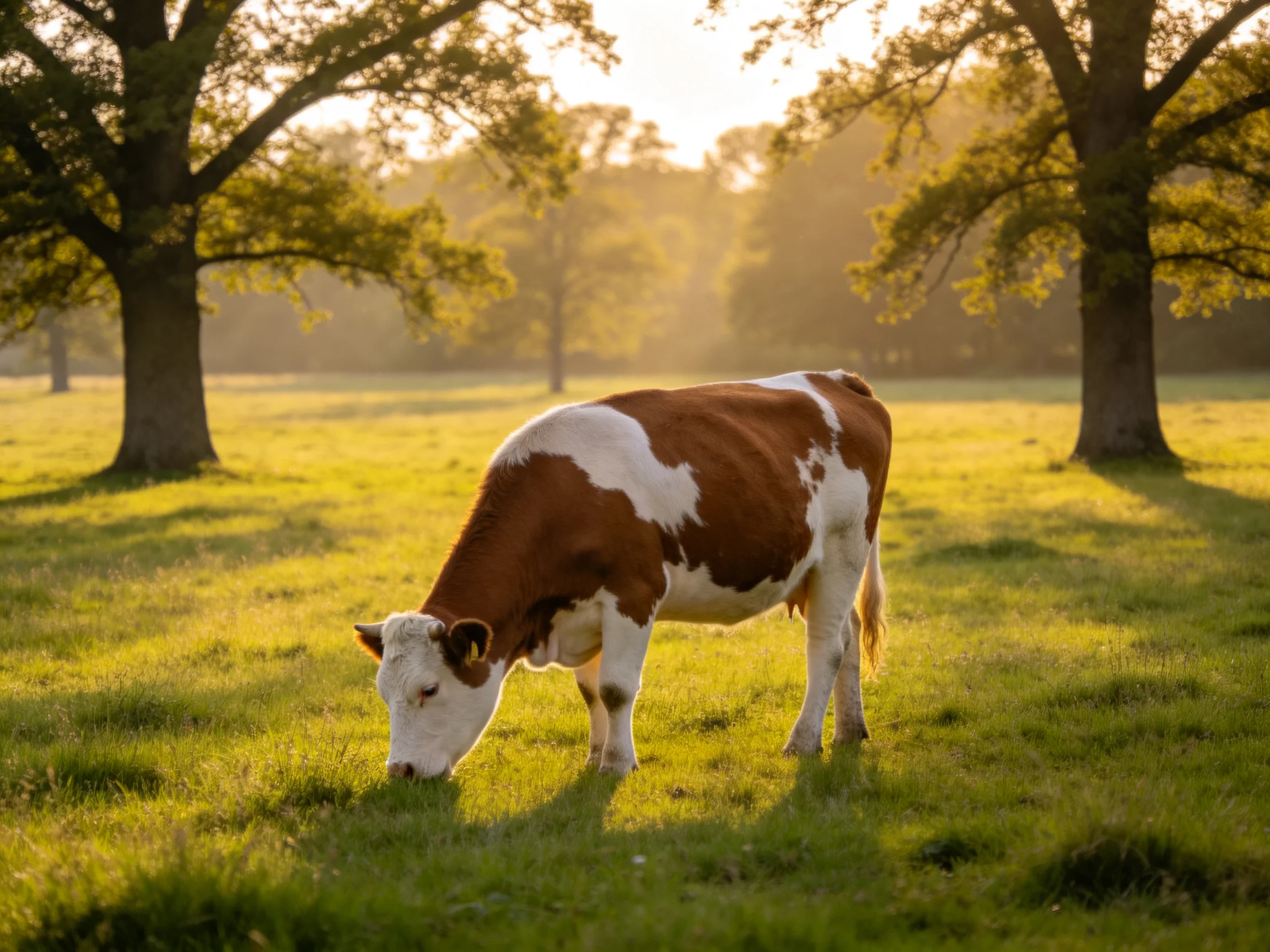 A brown and white cow grazing in a sunlit green meadow with tall trees