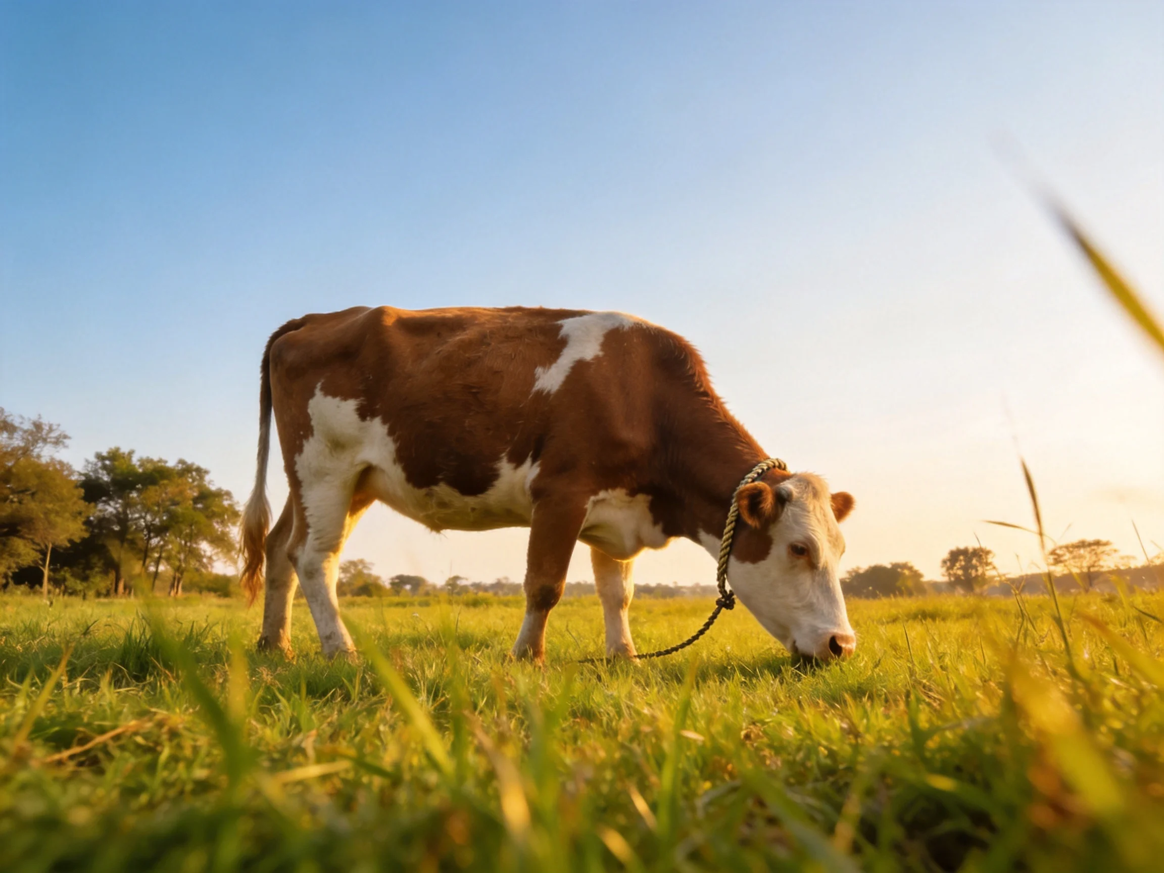 A brown and white cow grazes in a sunlit green pasture.
