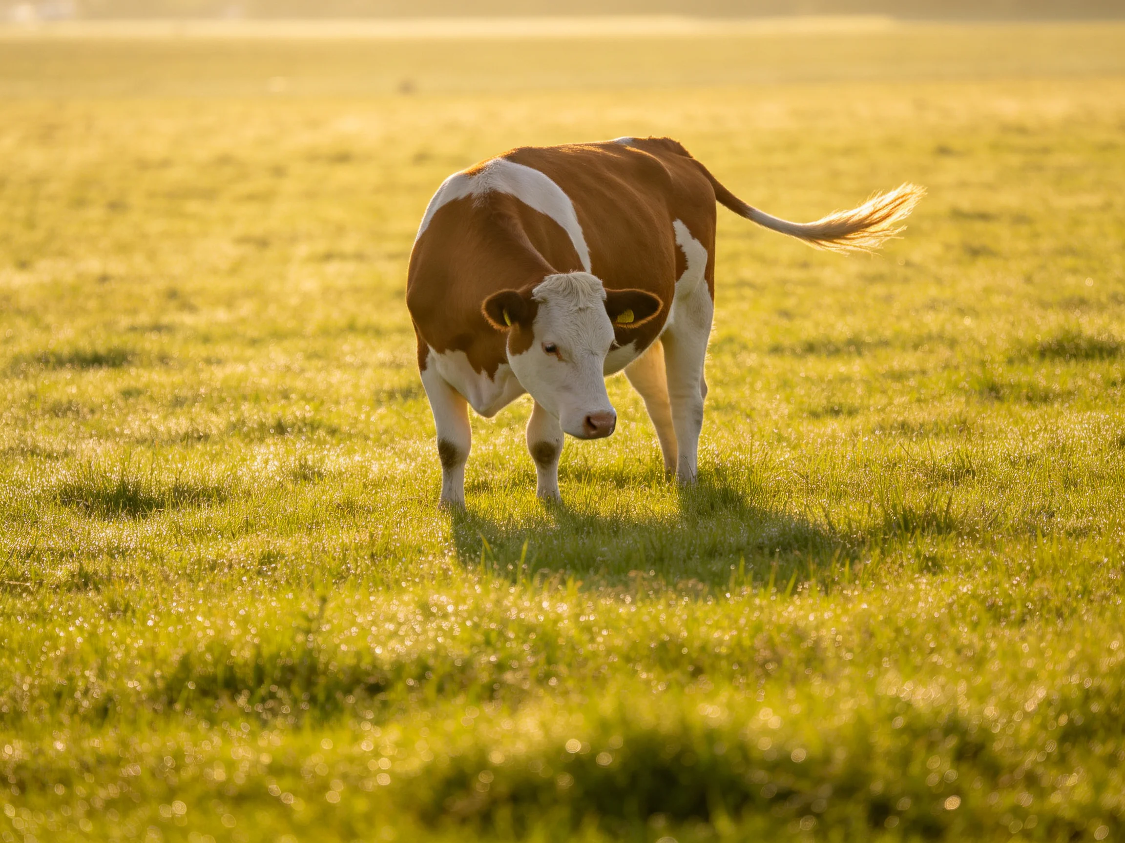 A brown-and-white cow grazes in a sunlit green pasture.