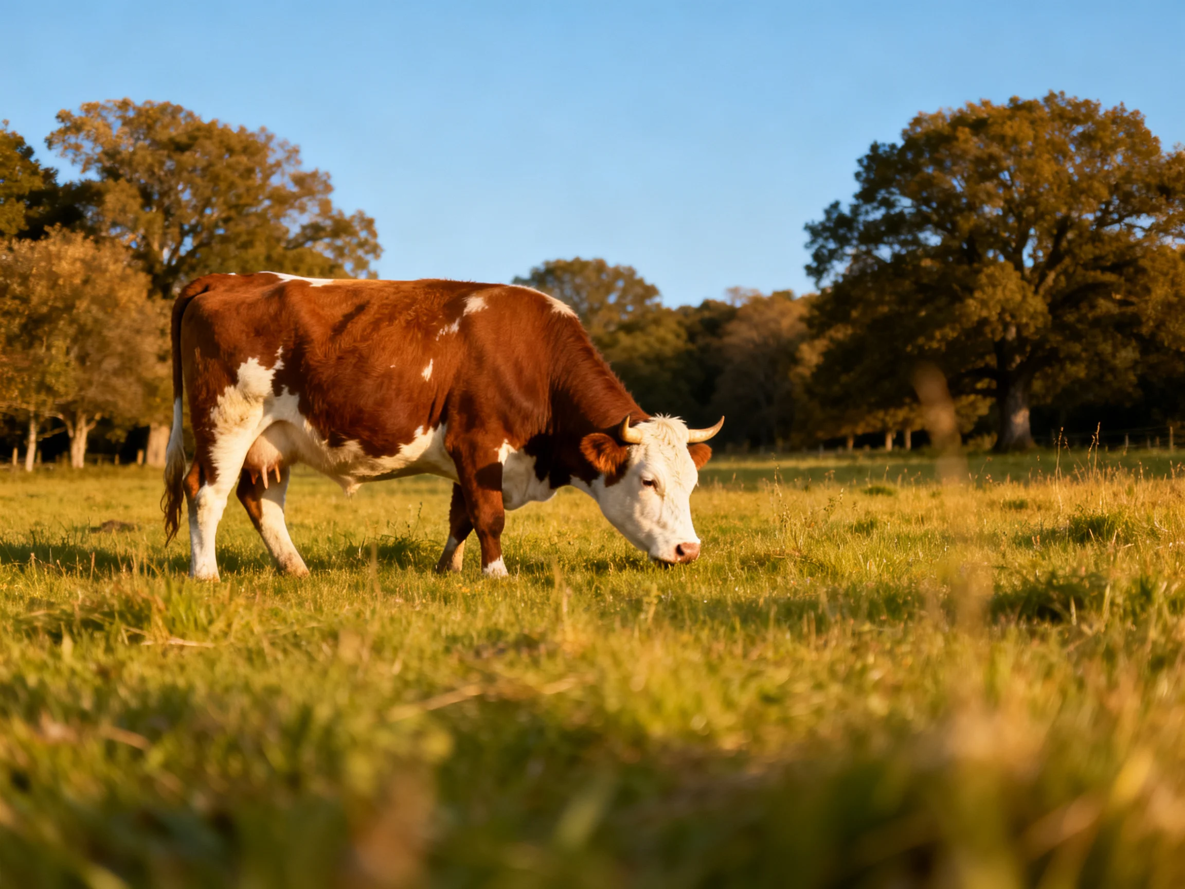 A brown and white cow grazing in a sunlit open pasture