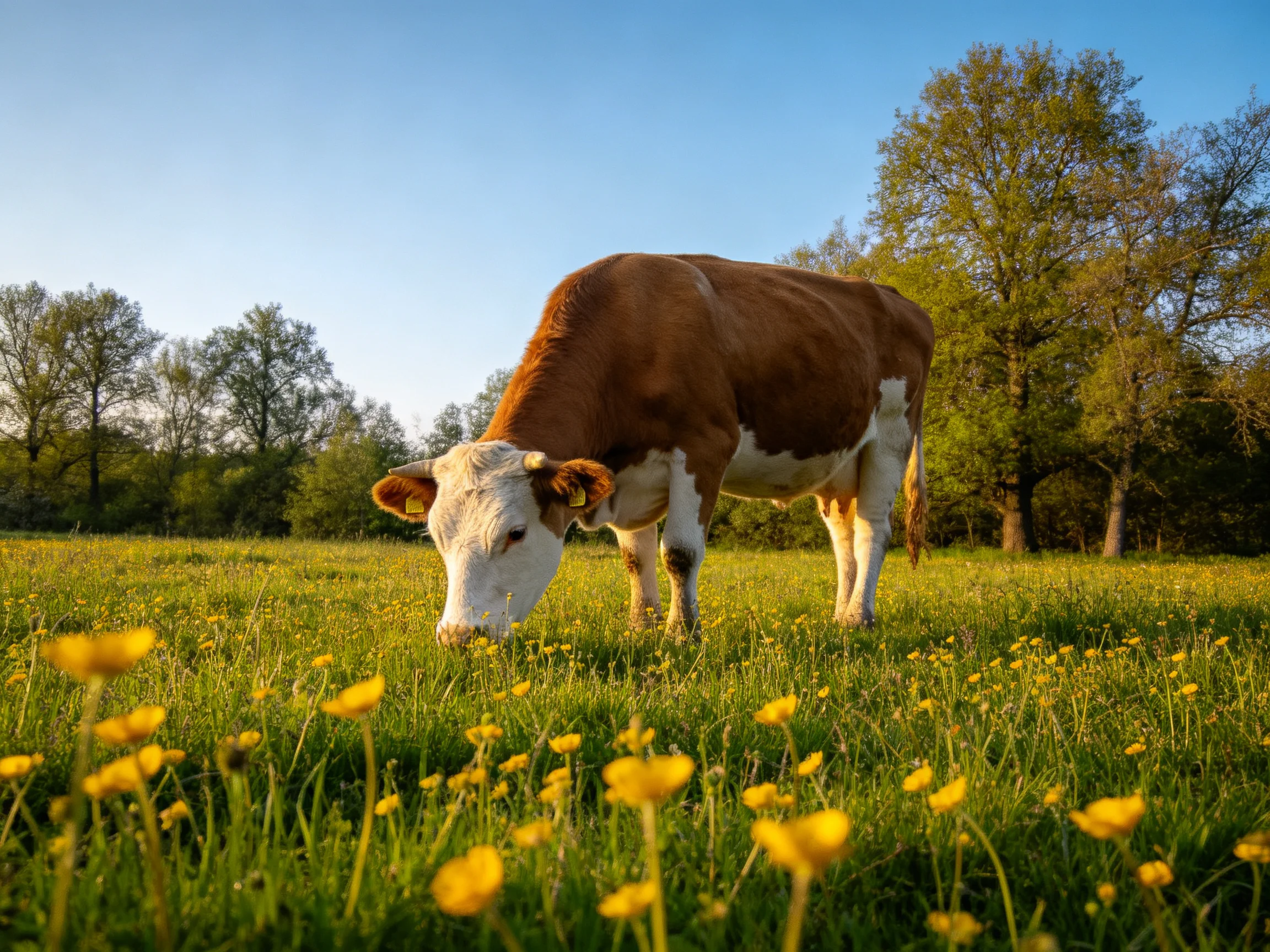 A brown and white cow grazing in a yellow-flowered meadow with green trees
