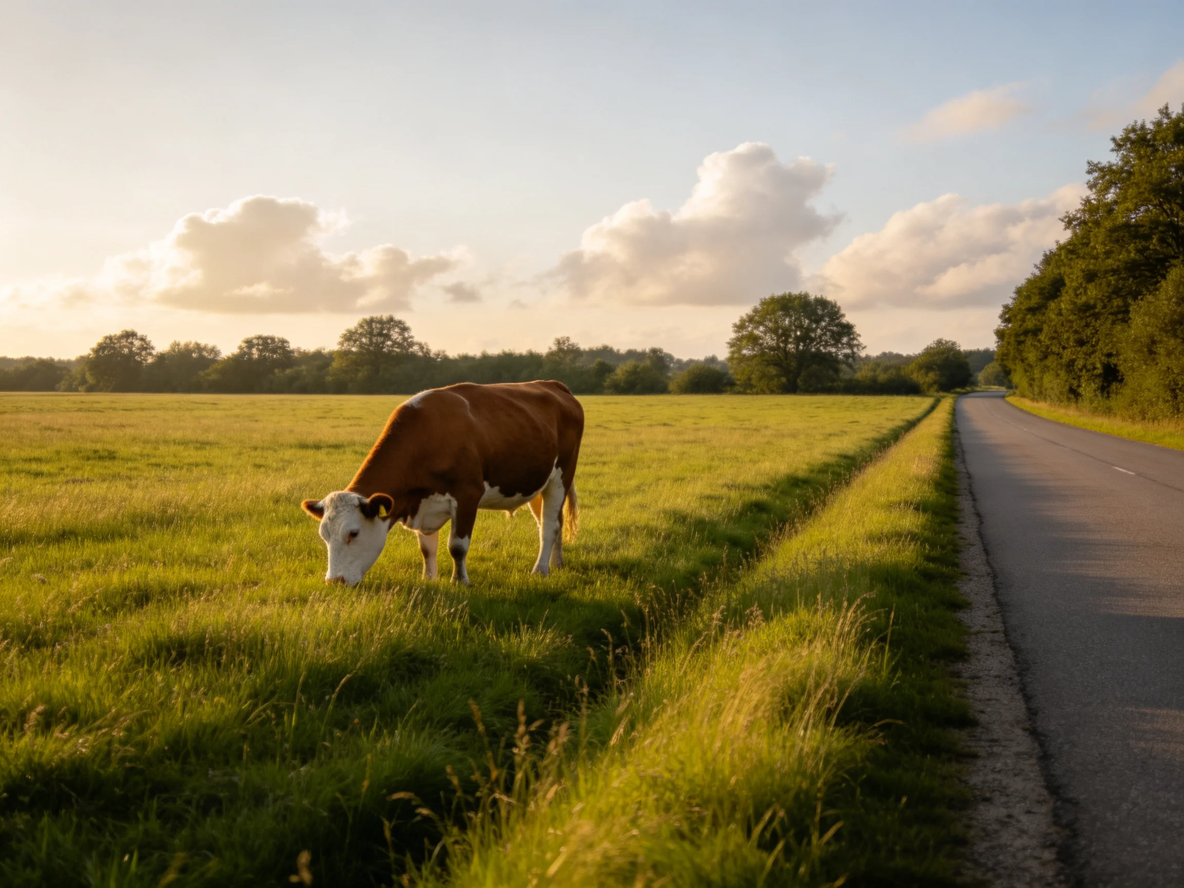 A brown and white cow grazing near a paved country road