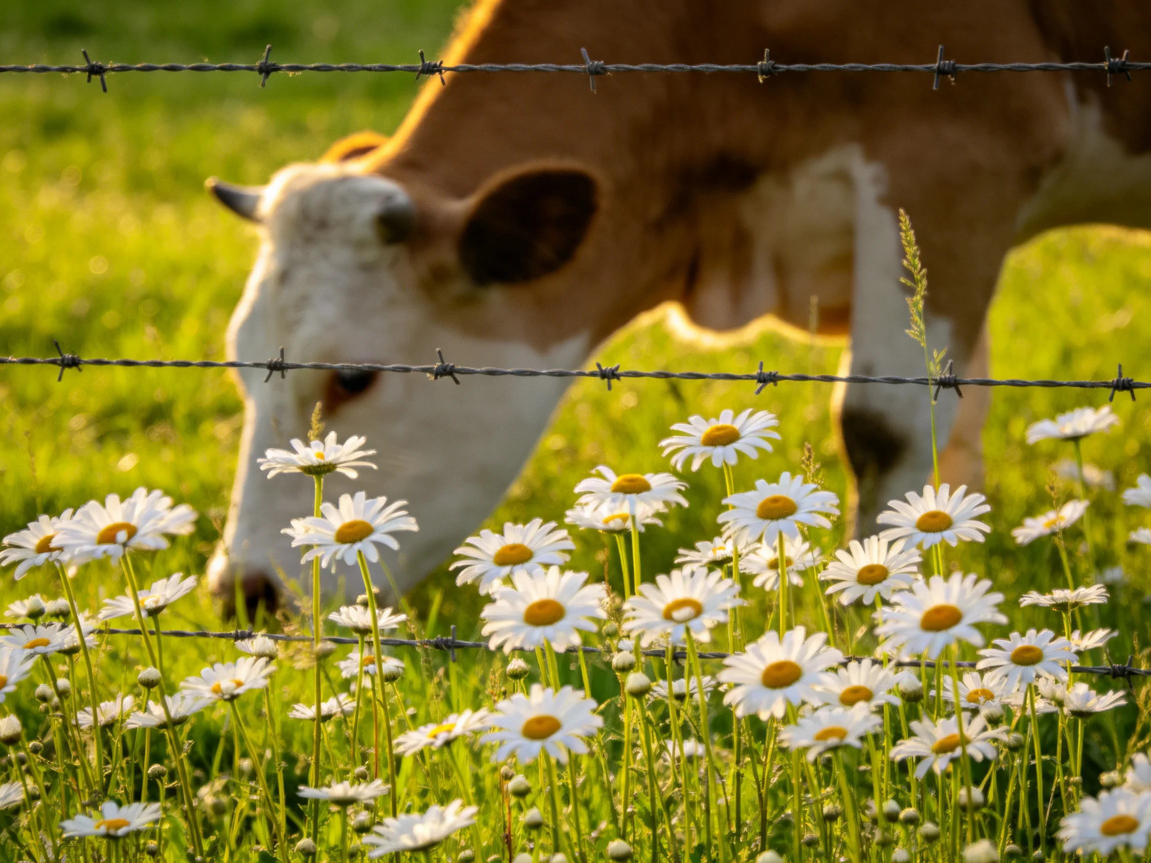 A brown and white cow grazing near daisies behind barbed wire