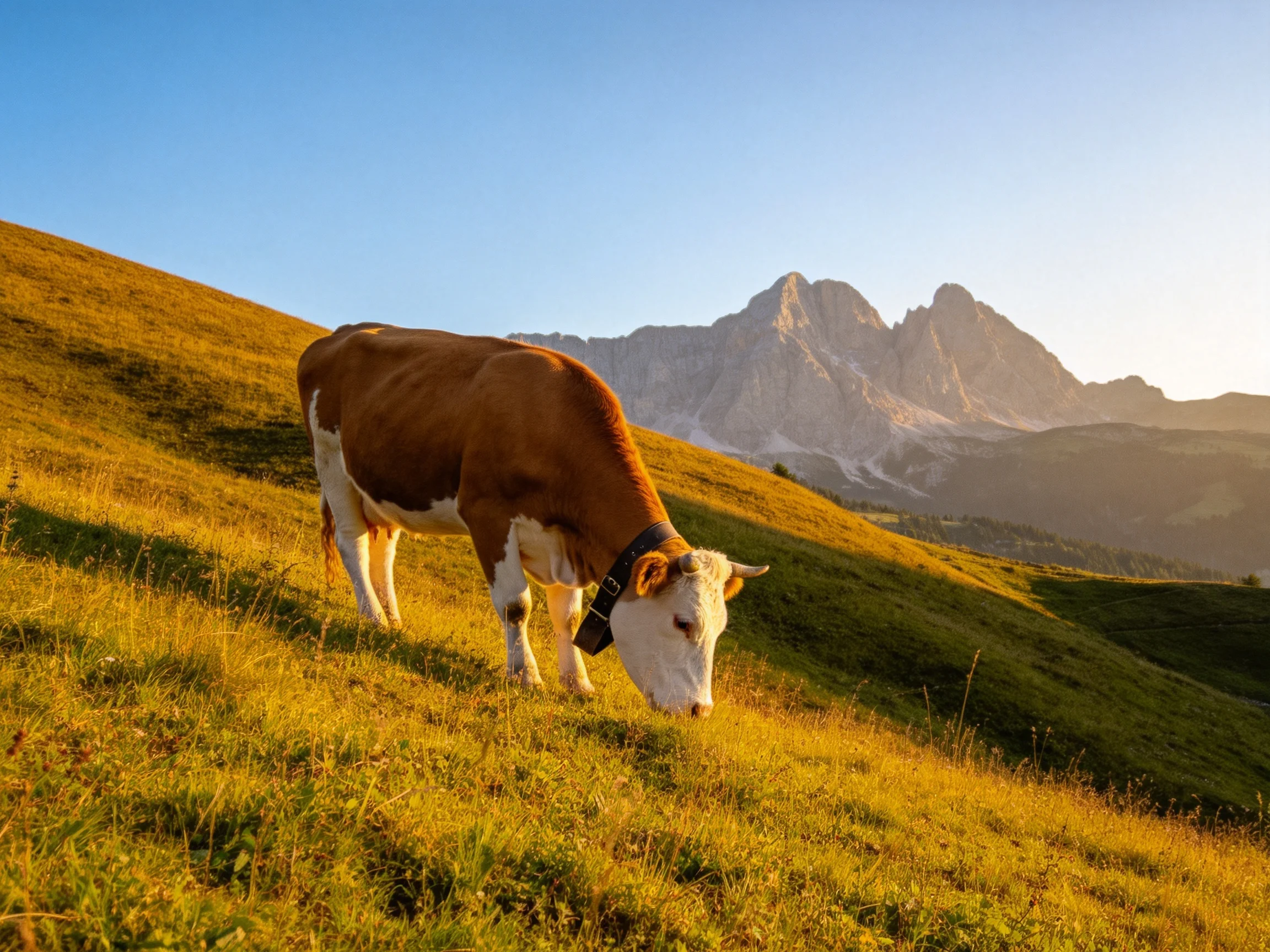A brown and white cow grazing on a golden-hued hillside near jagged mountains