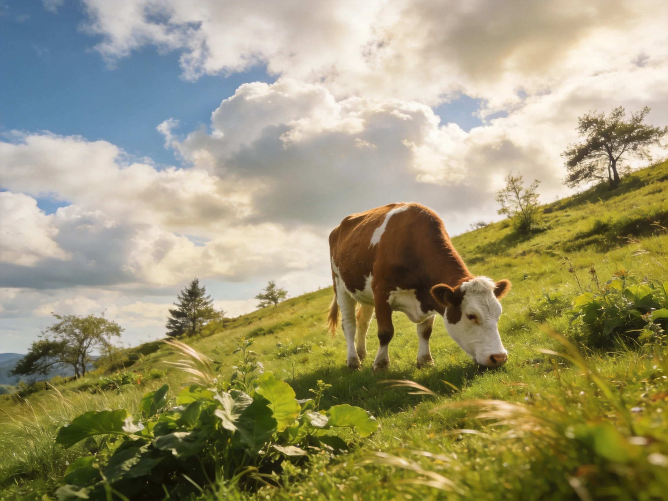 A brown and white cow grazes on a lush green hillside beneath a bright sky.