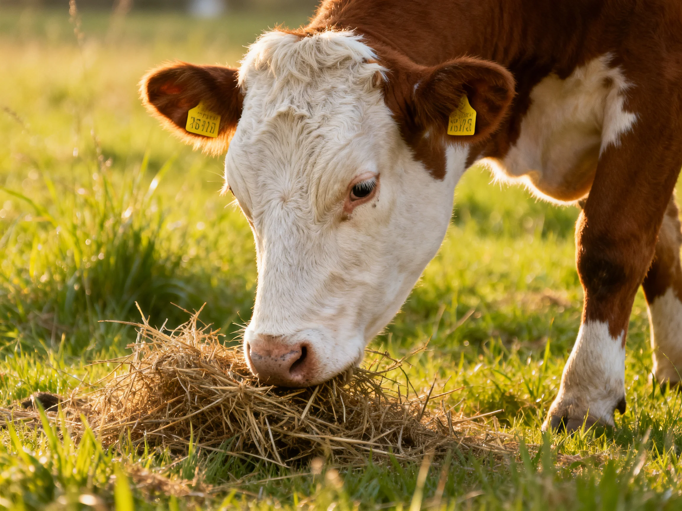 A brown and white cow grazing on hay in a sunlit field