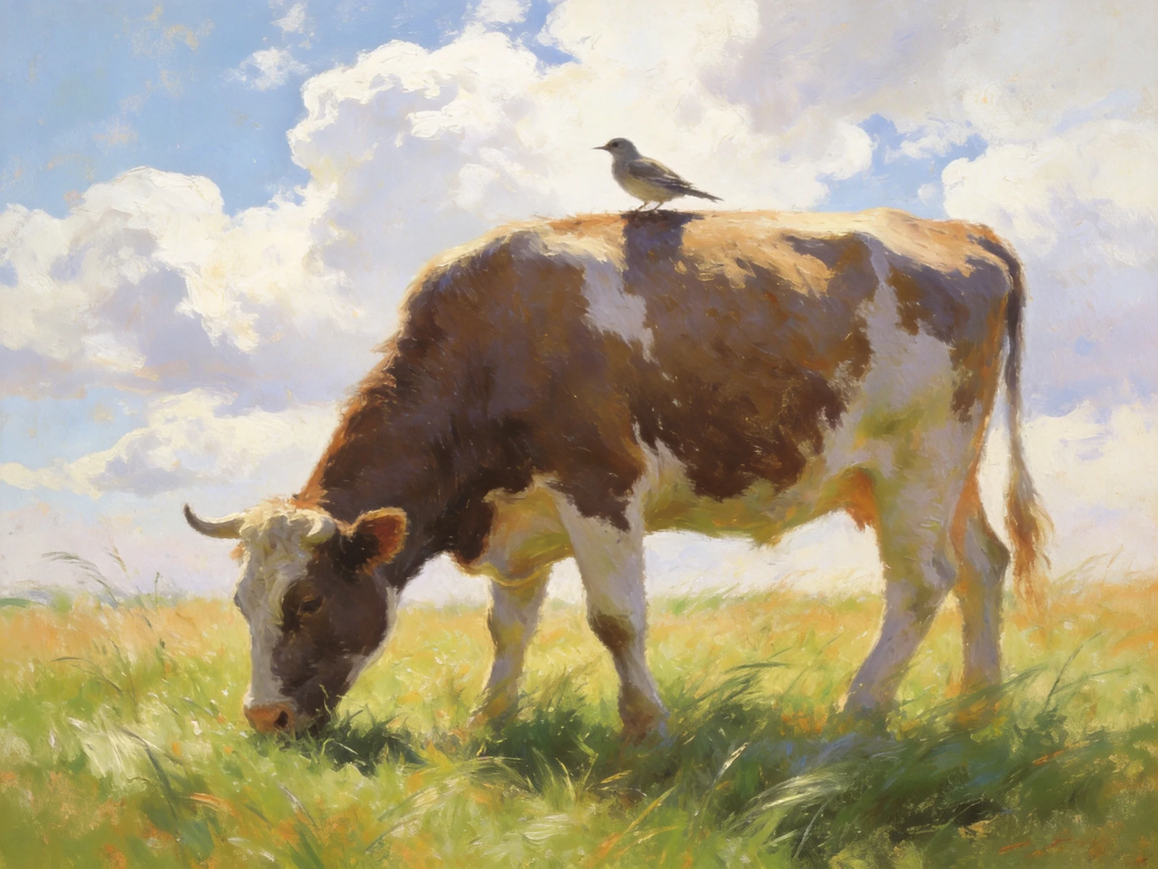 A brown and white cow grazing with a bird on its back