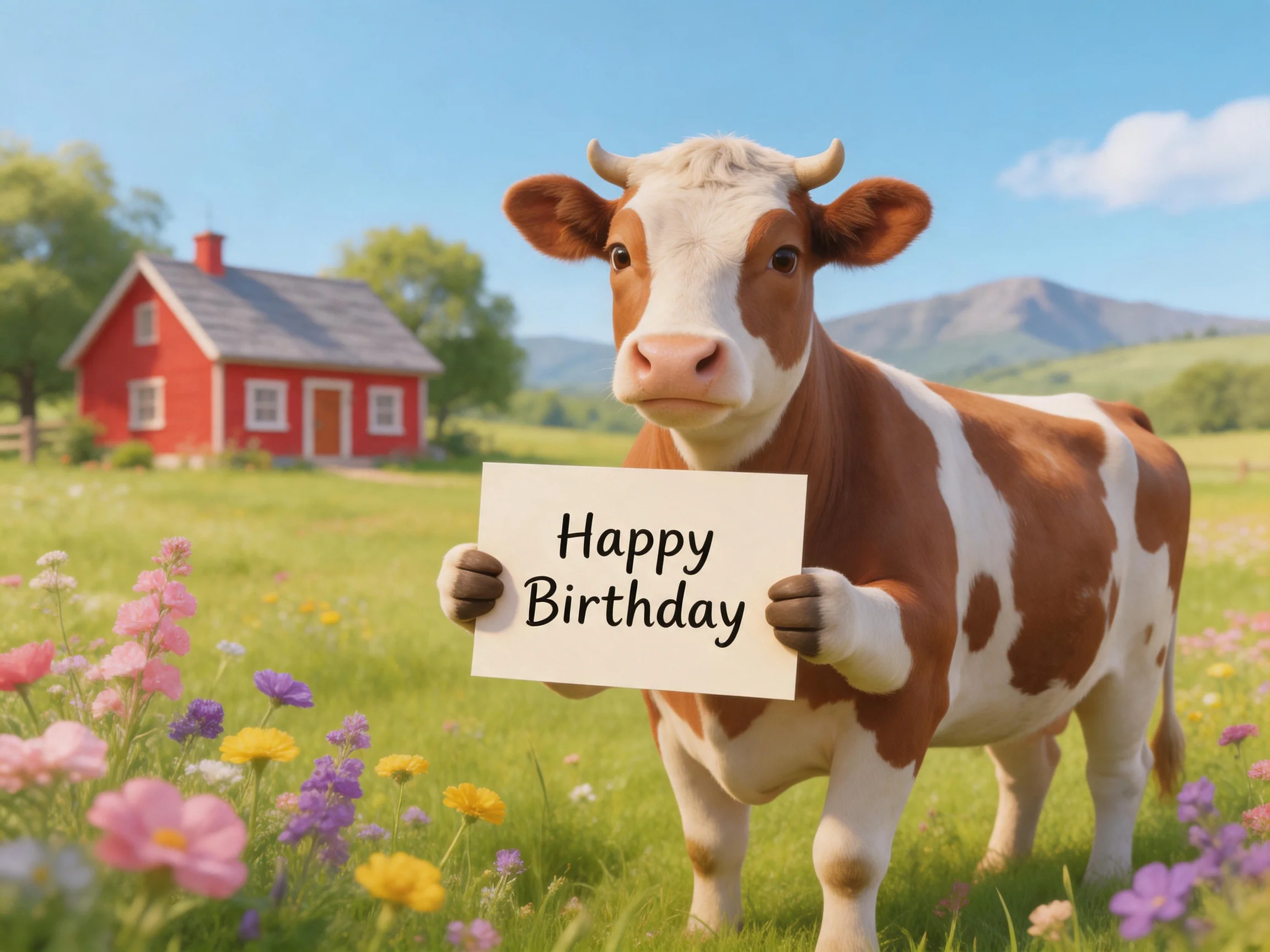 A cow holds a Happy Birthday sign in a meadow with flowers and a red house.
