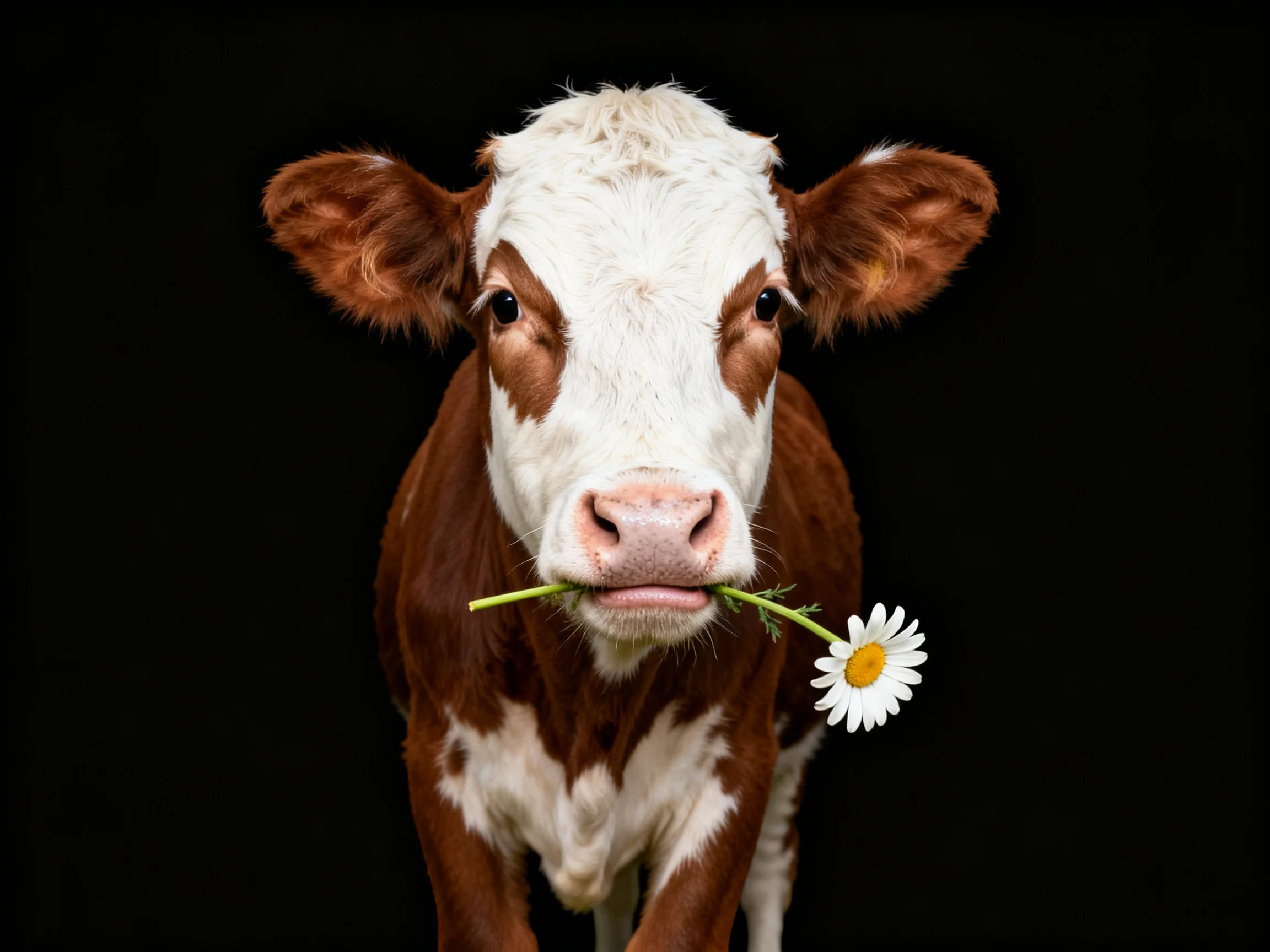 A brown and white cow holds a daisy against a black backdrop