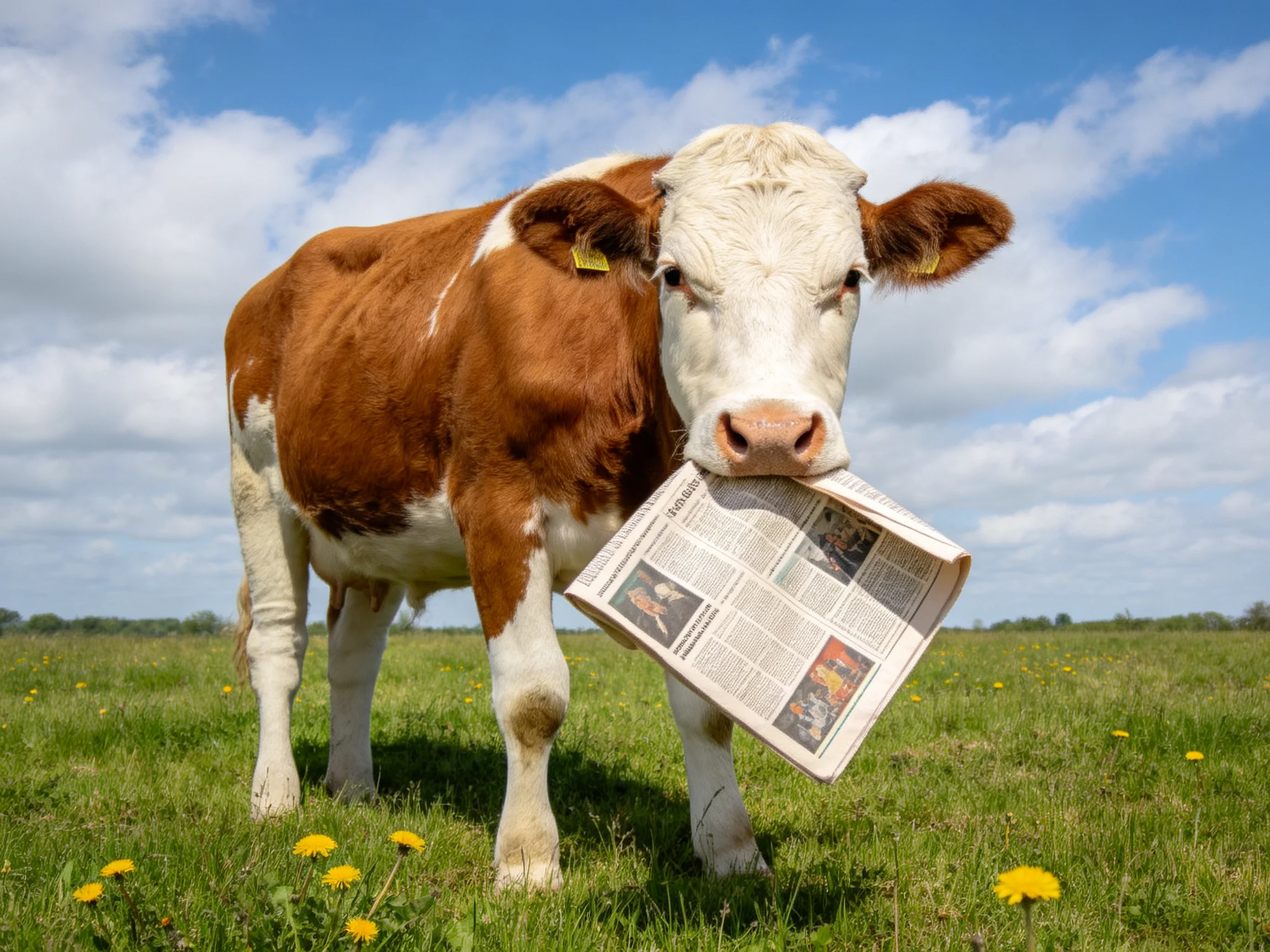 A brown and white cow holds a newspaper in a sunny meadow