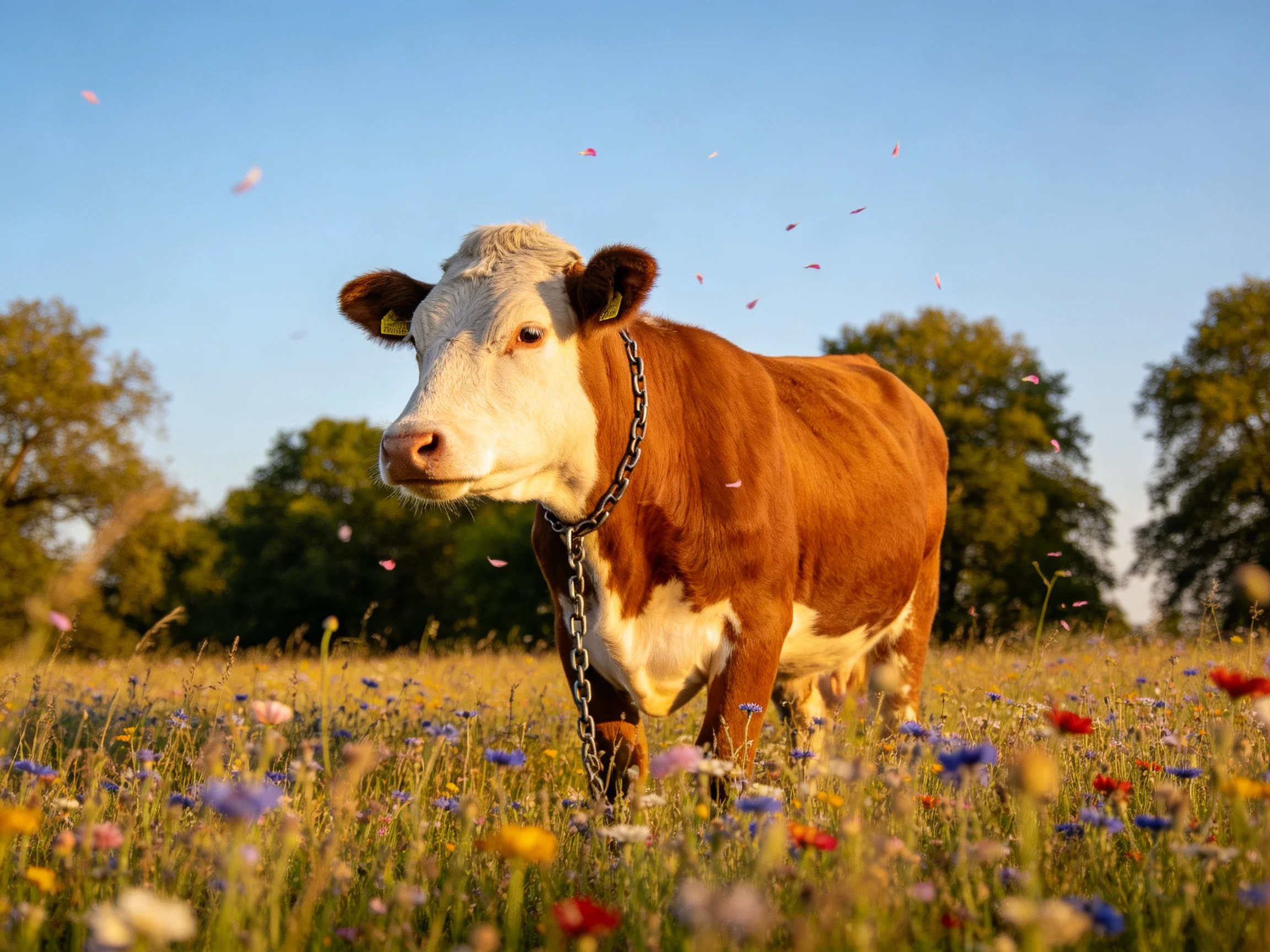 A brown and white cow stands among wildflowers in a sunny meadow.