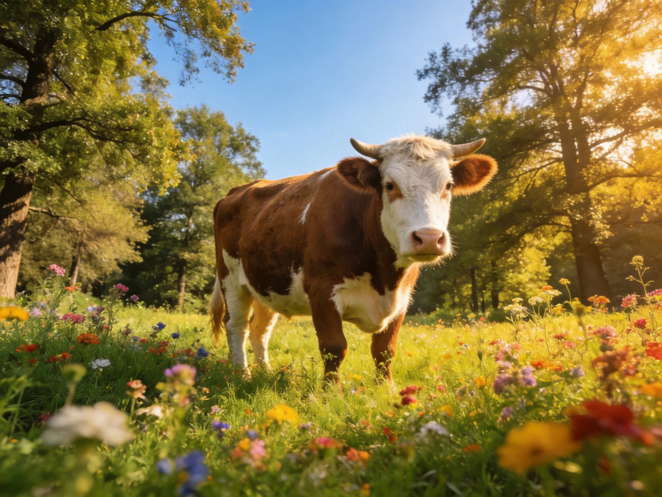 A brown-and-white cow in a colorful flower-filled meadow near tall trees