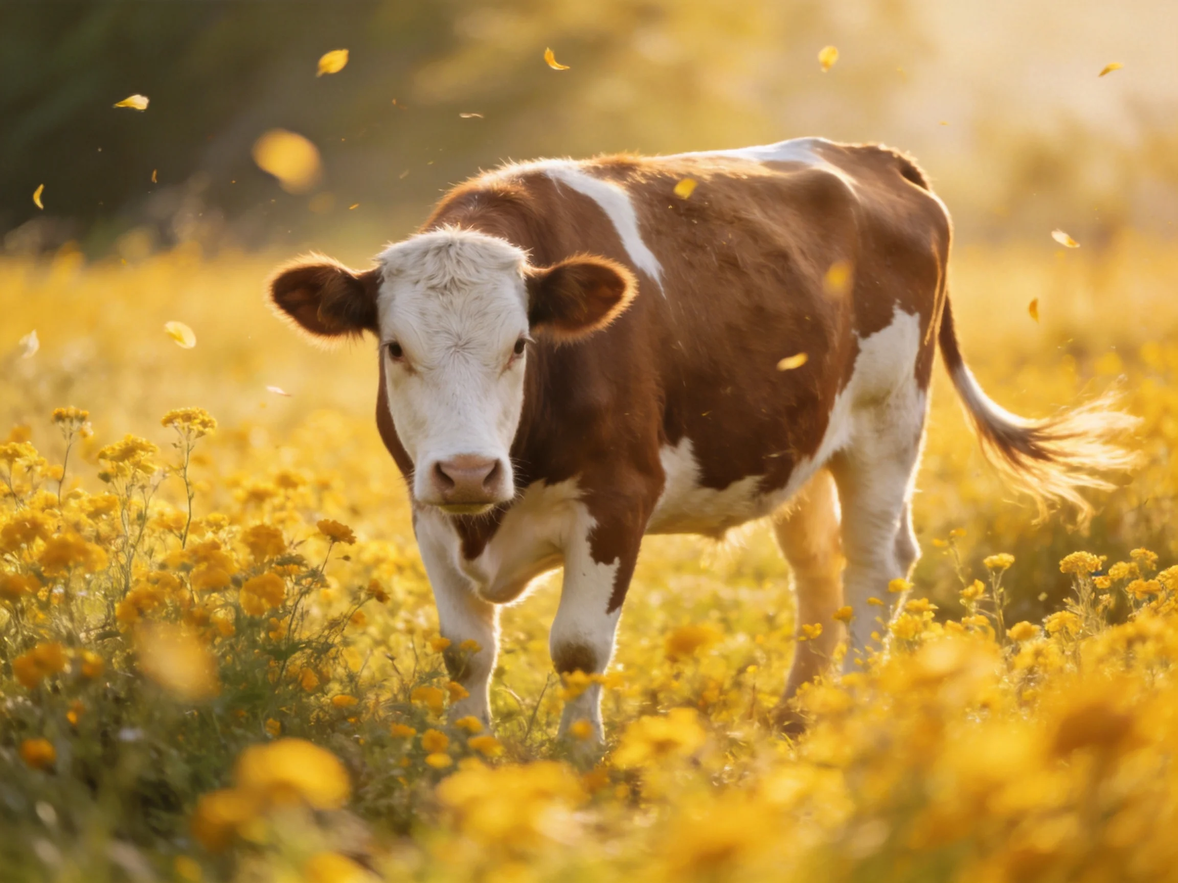 A brown and white cow in a field of golden wildflowers