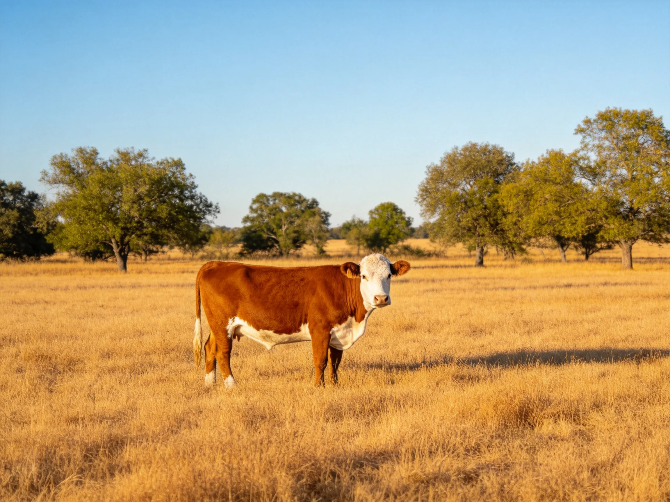 A brown and white cow in a golden field near green trees
