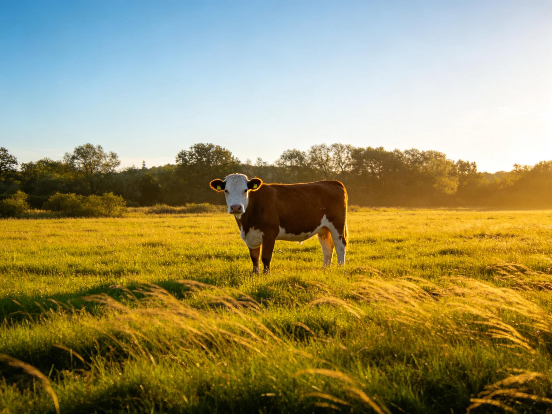 A brown and white cow in a golden grassy field at sunset