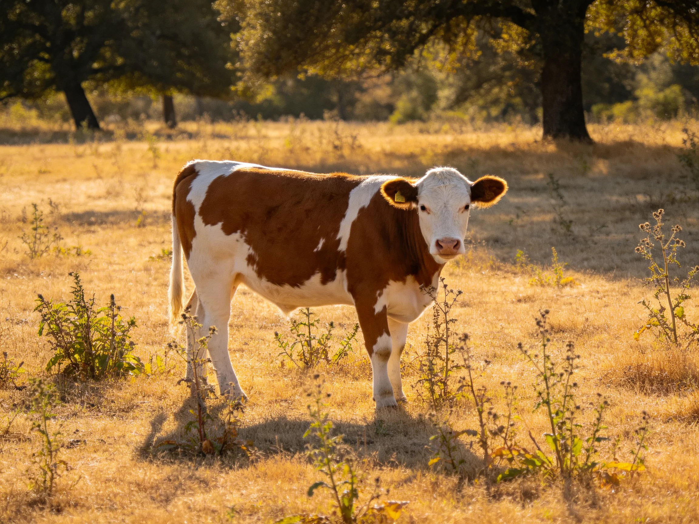 A brown and white cow in a golden grassy field near trees